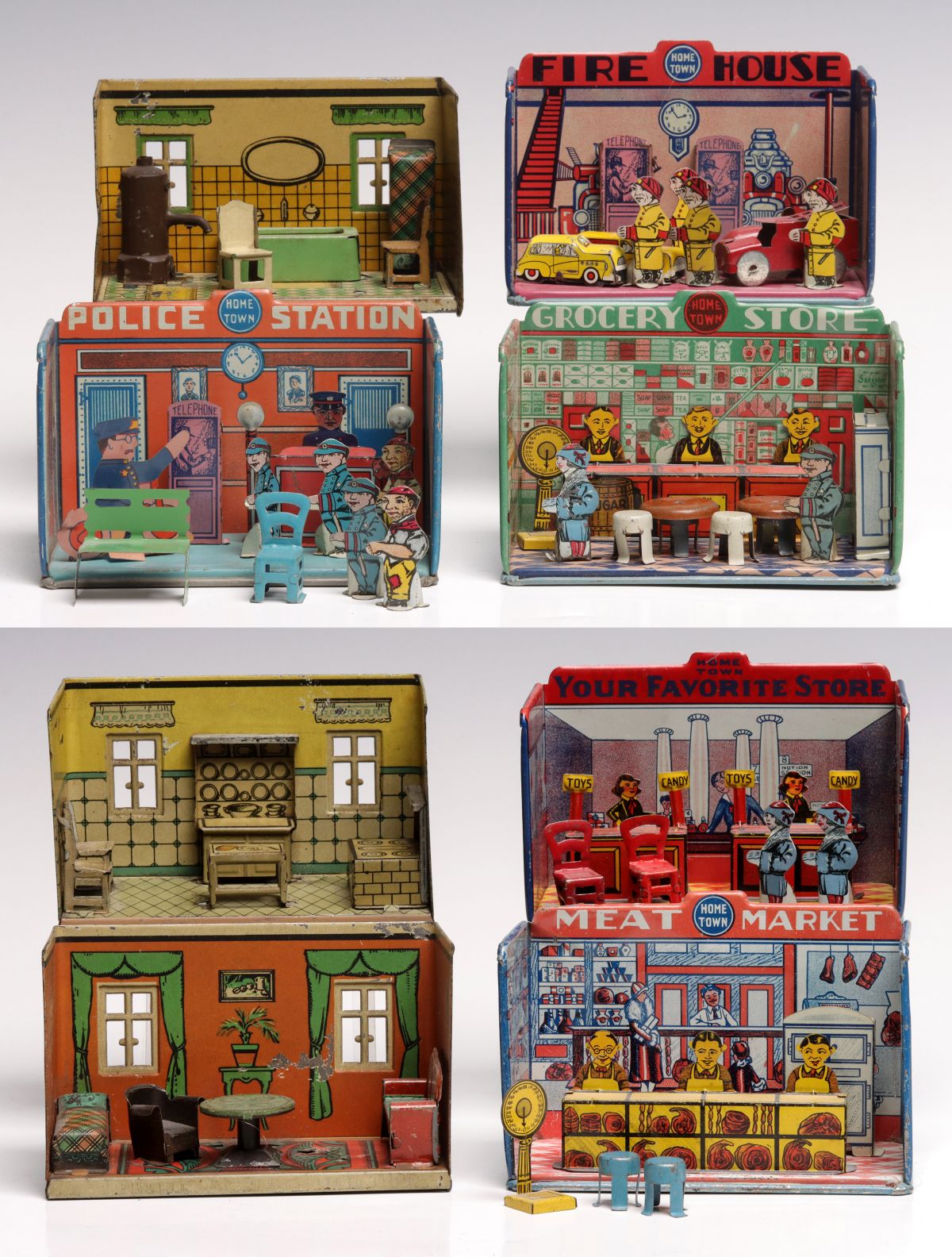 EIGHT LOUIS MARX & OROBR TIN LITHO MINIATURE ROOM SETS