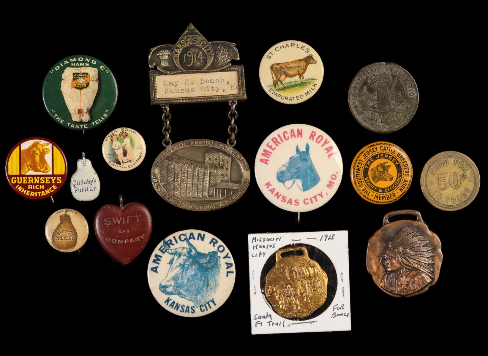 CIRCA 1900 KC PACKING HOUSE AND RELATED PIN BACKS/FOBS