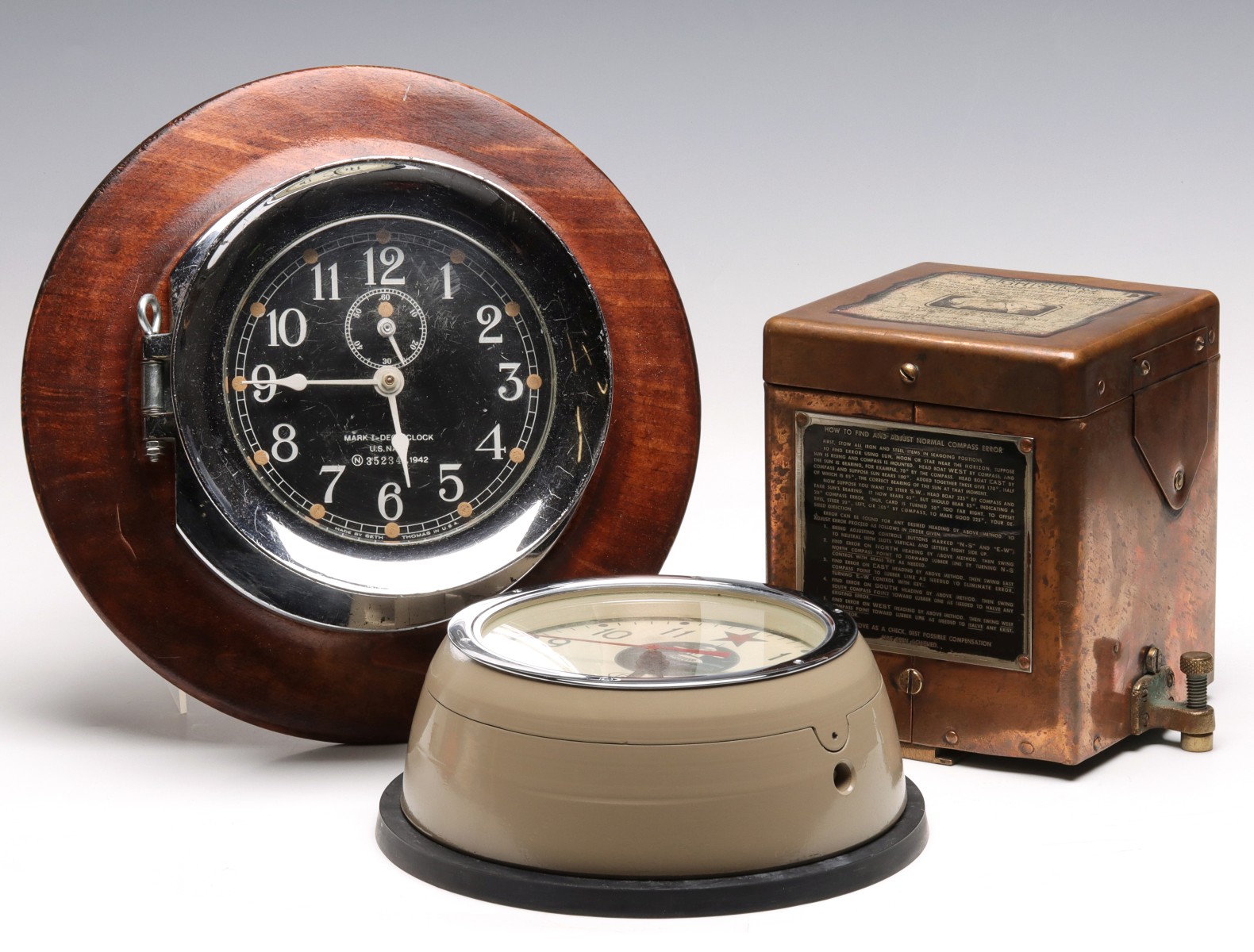 RUSSIAN AND AMERICAN SHIP'S CLOCKS, LIFEBOAT COMPASS