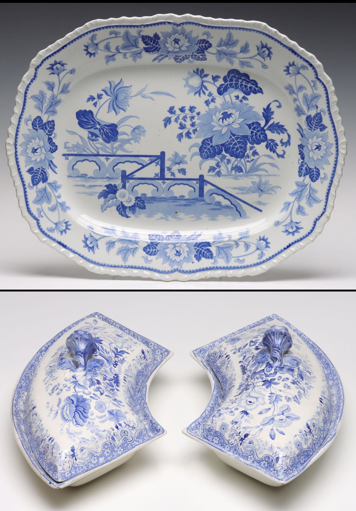 A 19TH C. BLUE TRANSFER PLATTER WITH SUPPER SET TUREENS