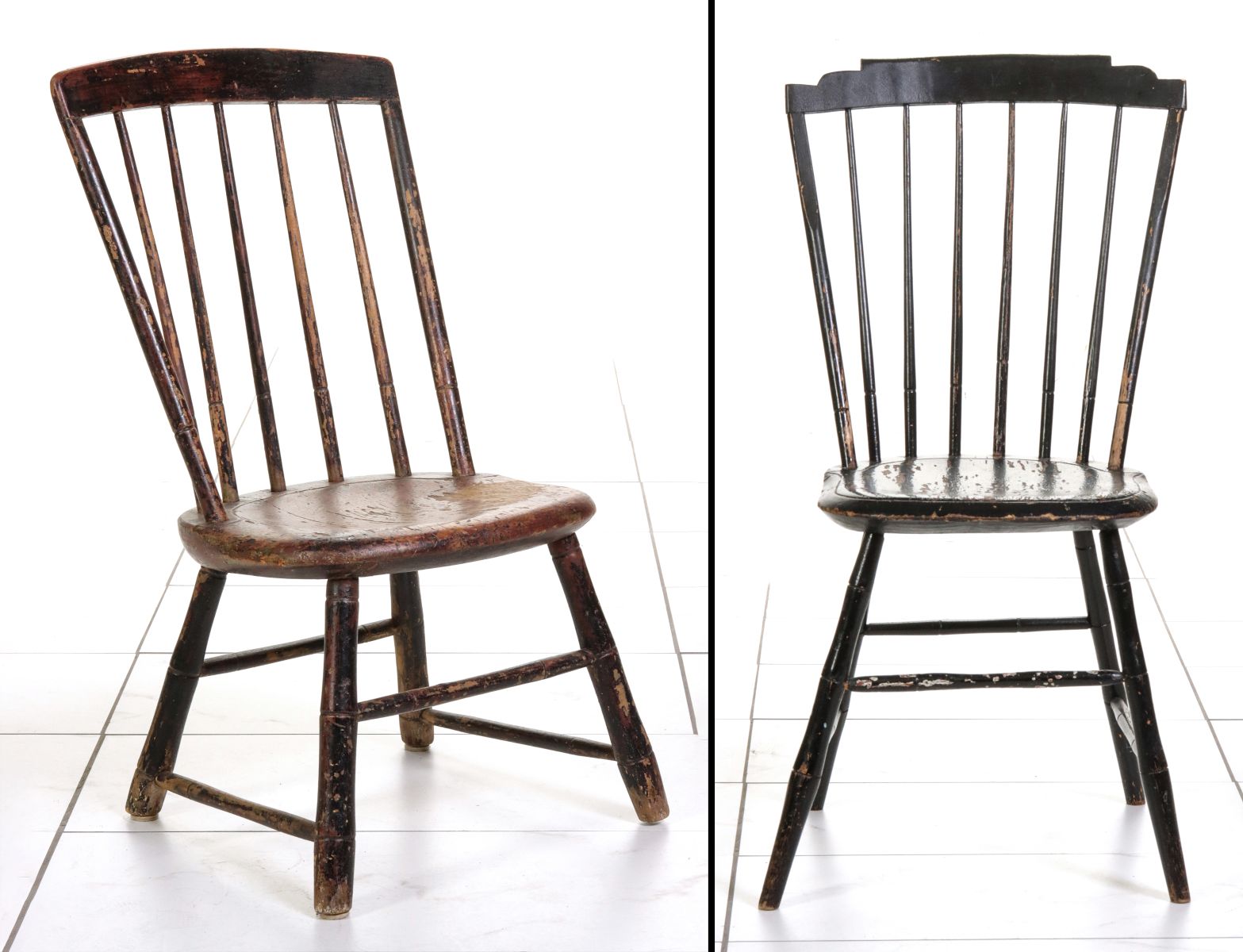 TWO 19C AMERICAN BIRD CAGE WINDSOR CHAIRS IN OLD PAINT