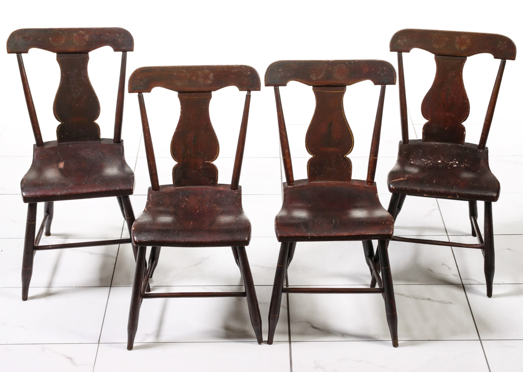 DECORATED 1840s PLANK SEAT CHAIRS IN ORIGINAL PAINT