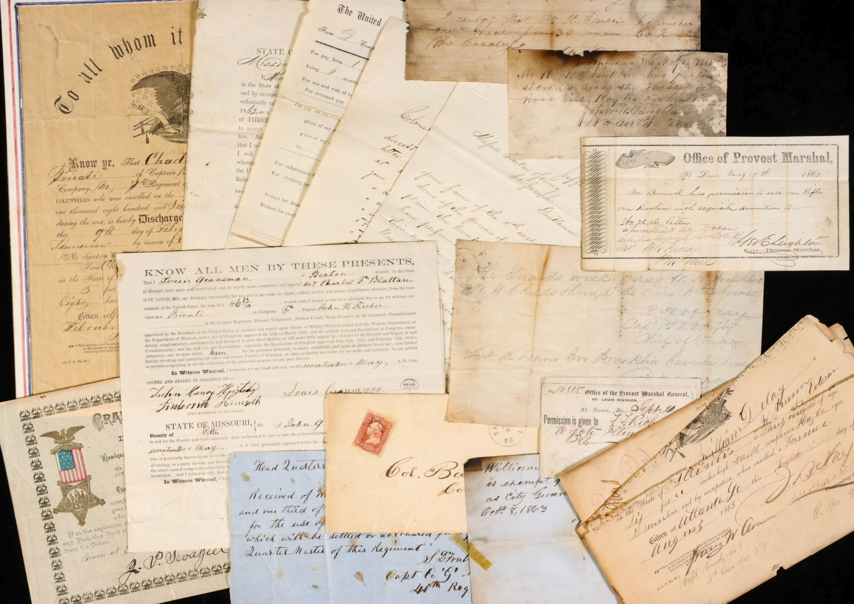 LARGE LOT CIVIL WAR RECEIPTS, DISCHARGE, LETTERS, ETC