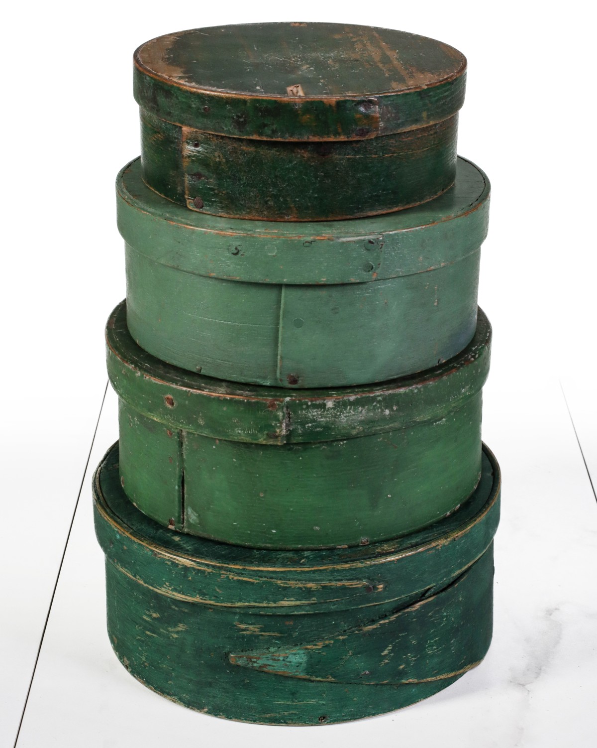 A GROUP OF FOUR 19C AMERICAN PANTRY BOXES IN OLD PAINT