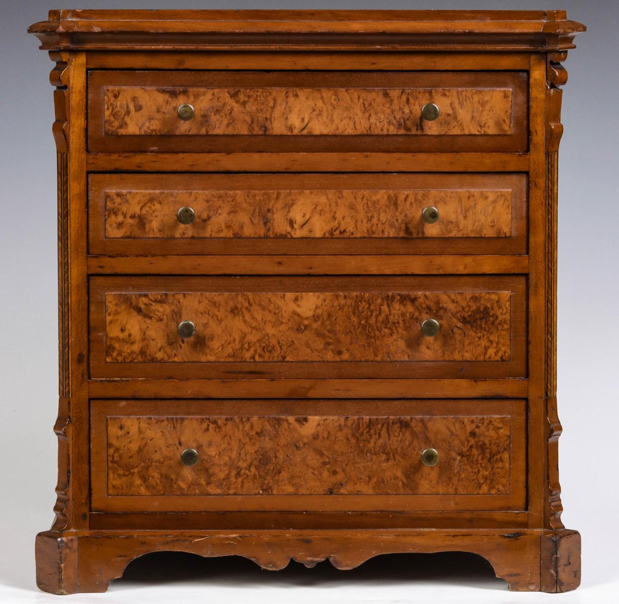 A 19C. MINIATURE CHERRY CHEST WITH RAISED BURL PANELS