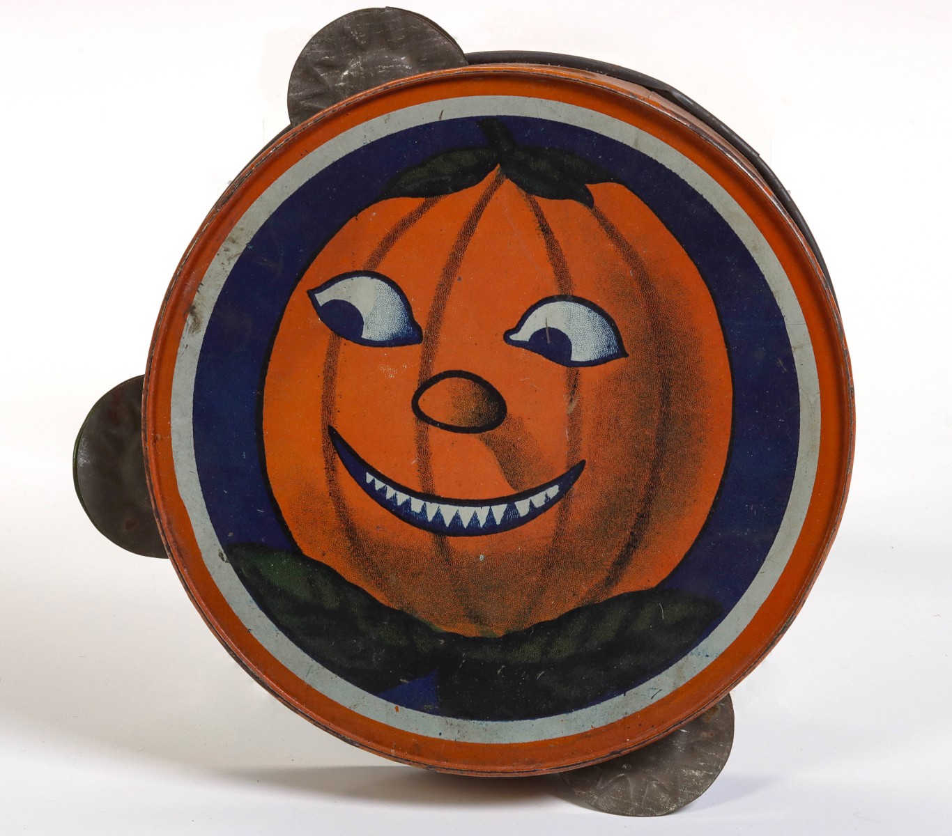 A 1930s TIN LITHO JACK-O-LANTERN TAMBOURINE NOISE MAKER