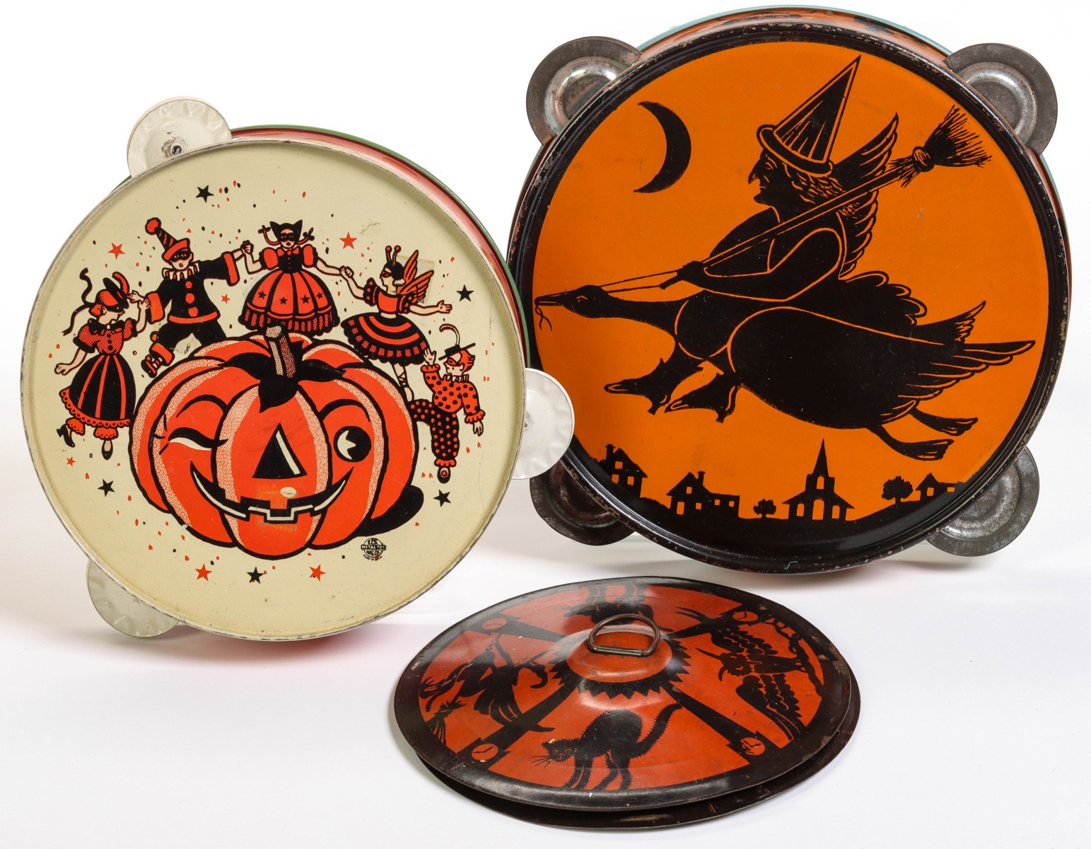 VINTAGE TIN LITHO HALLOWEEN NOISEMAKER TAMBOURINES ETC