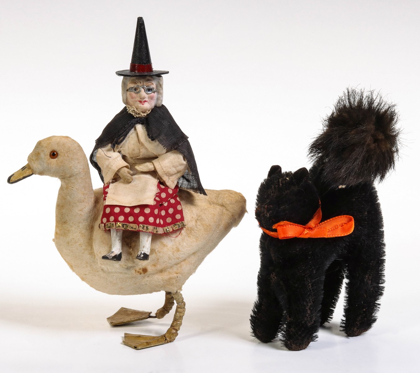 'MOTHER GOOSE' COTTON WOOL FIGURE WITH BLACK MOHAIR CAT