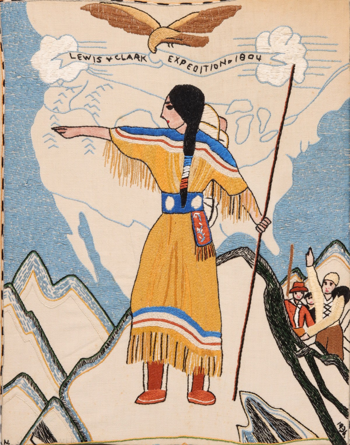 A 1936 FOLK ART 'NEEDLEWORK TAPESTRY' WITH SACAJAWEA