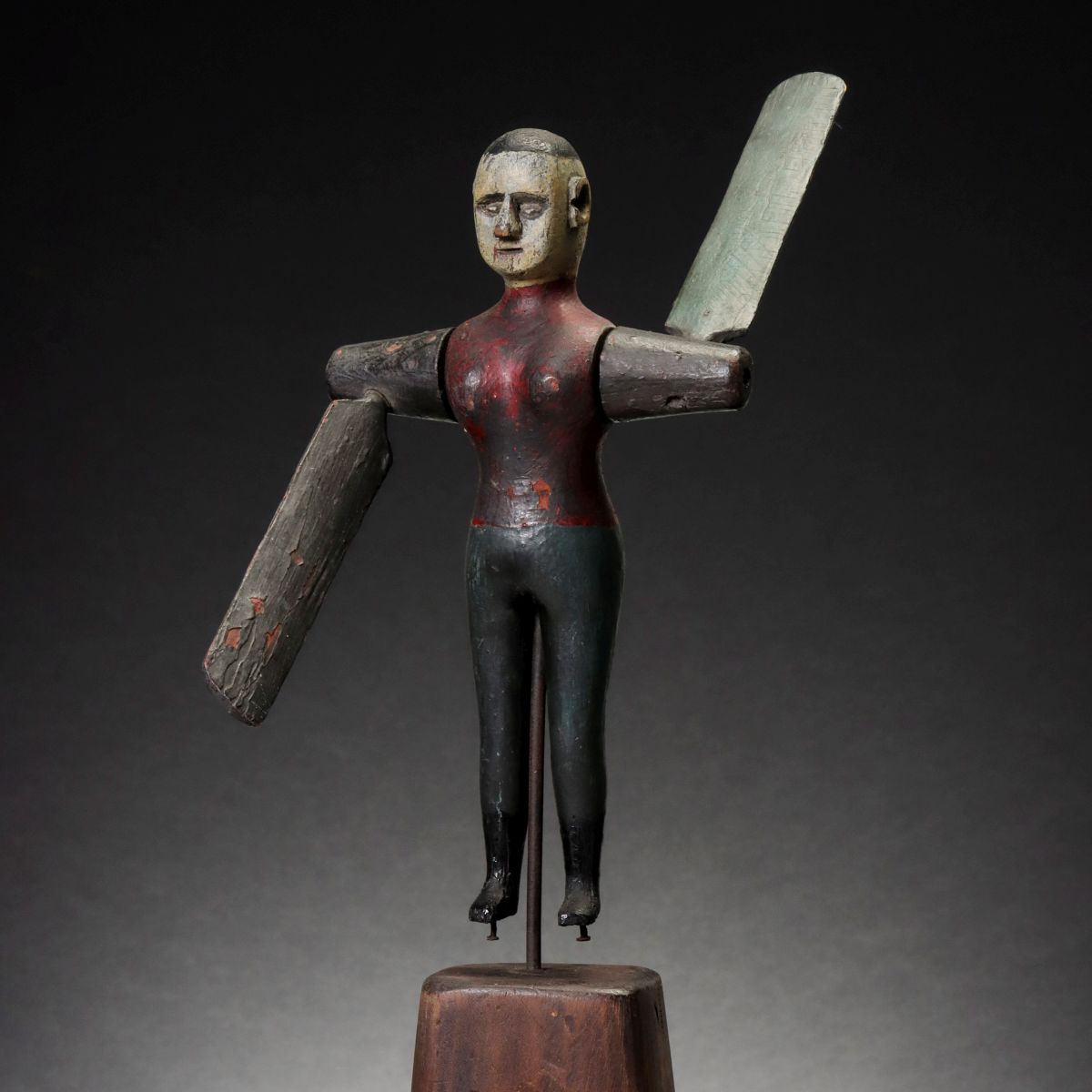 A 19TH C. CARVED AND PAINTED FIGURAL ACROBAT WHIRLIGIG