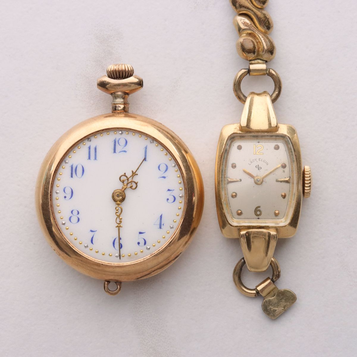 ANTIQUE 14K GOLD LADIES LAPEL & WRIST WATCHES AS FOUND