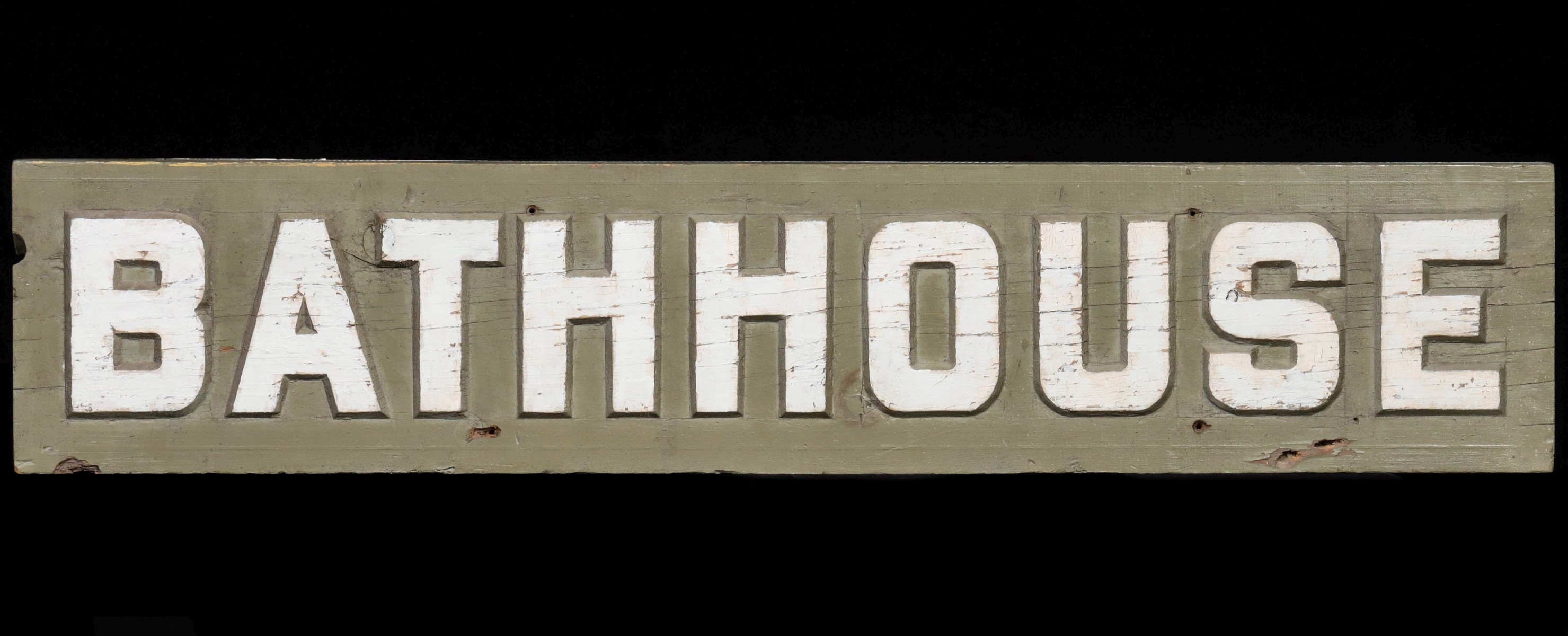 A CARVED AND PAINTED WOOD SIGN FOR 'BATH HOUSE'