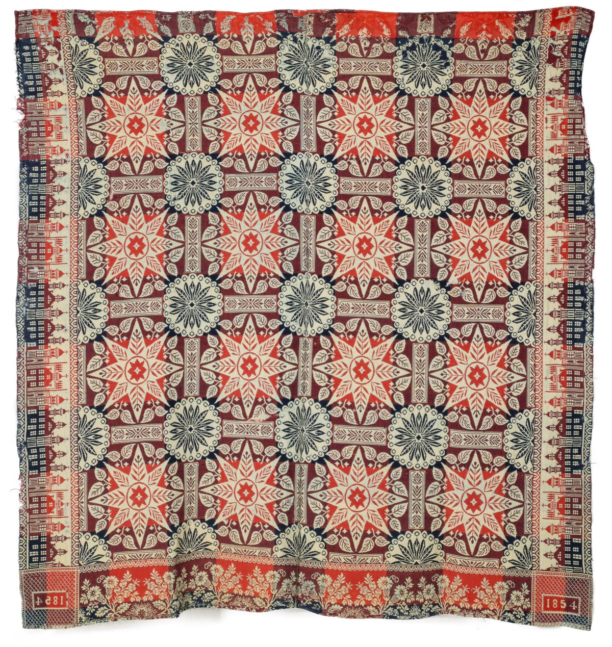 JACQUARD COVERLET WITH ARCHITECTURAL BORDER DATED 1854