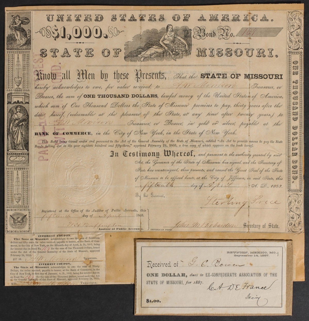 AN 1853 MISSOURI STATE BOND SIGNED STERLING PRICE