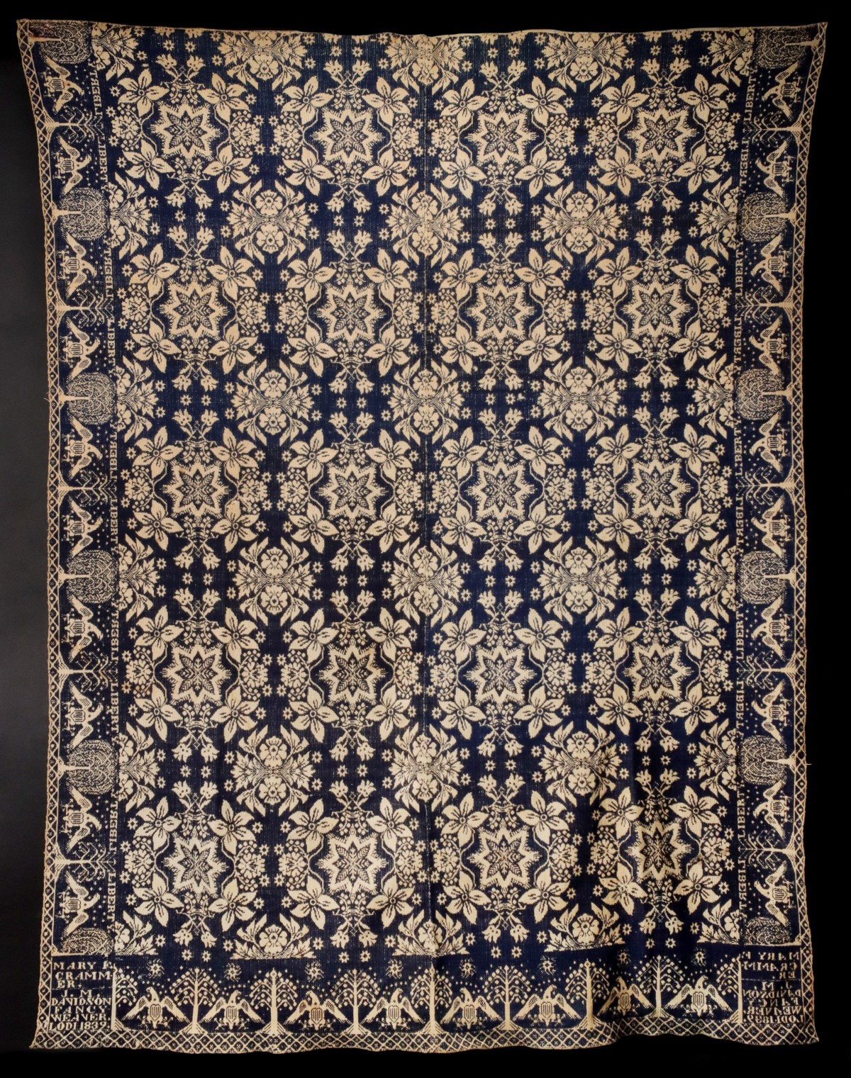 A CRAMMER DAVIDSON LODI JACQUARD COVERLET DATED 1839