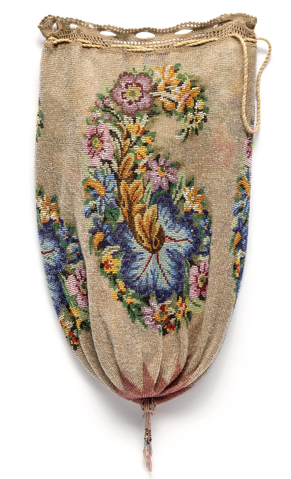 A FINELY BEADED FRENCH VICTORIAN DRAW STRING PURSE