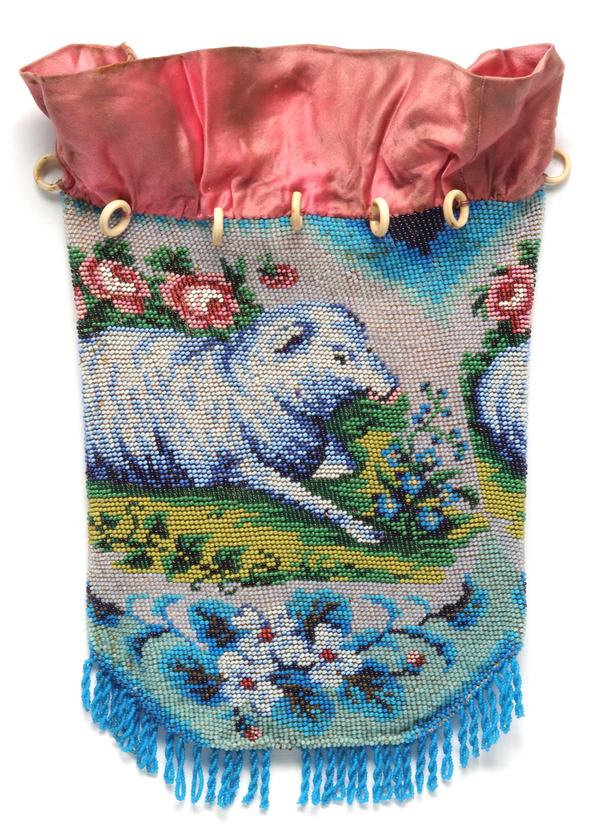 A 19TH CENTURY BEADED DRAWSTRING PURSE WITH LAMB