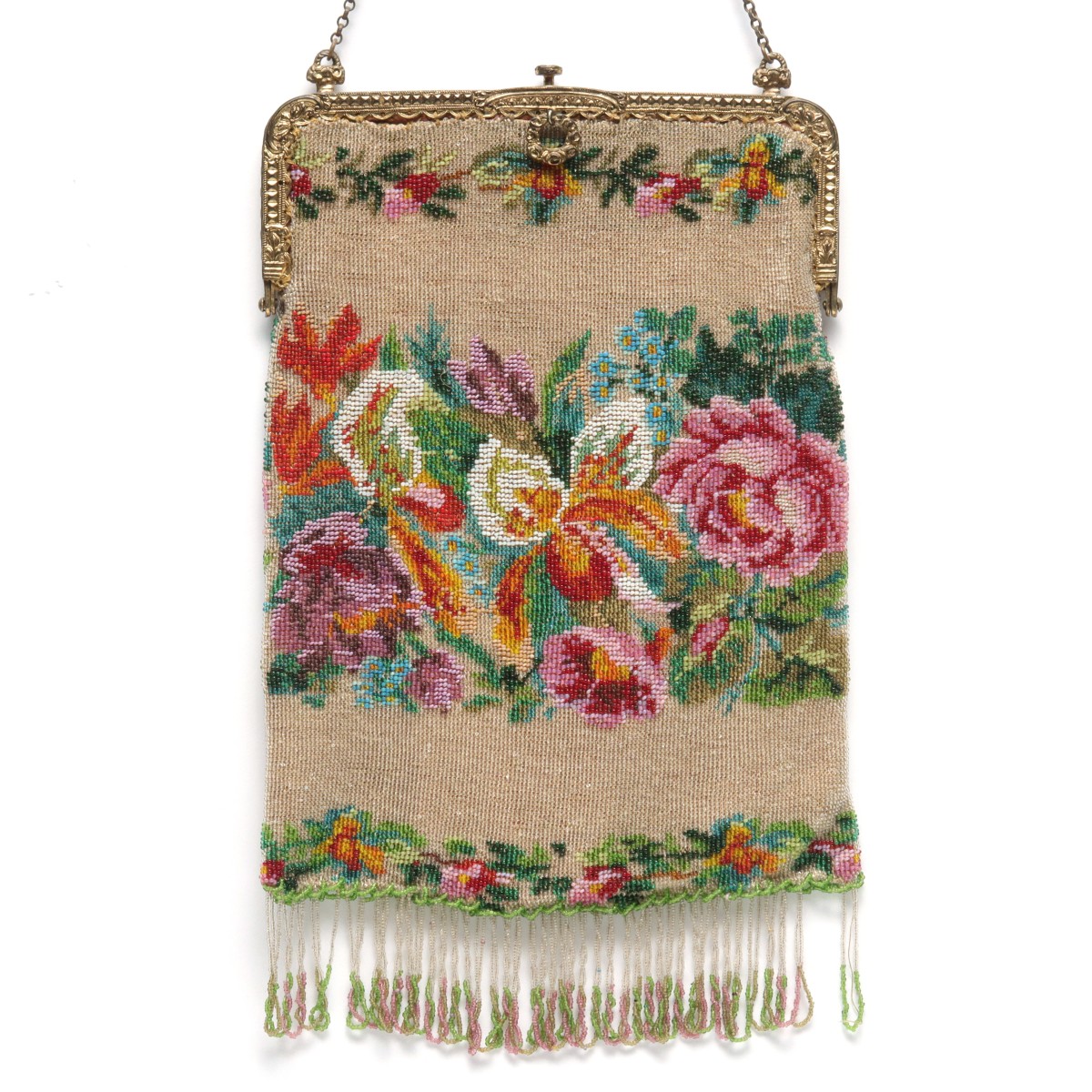 A NICE, LARGE FRENCH BEADED BAG WITH COLORFUL FLORALS