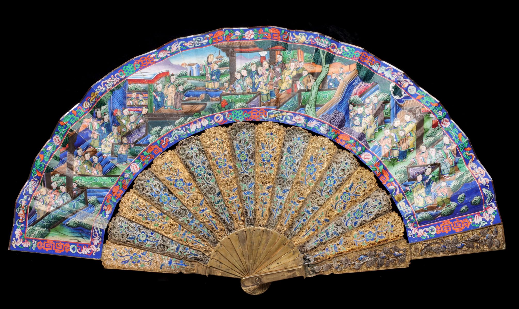 AN AMAZING CHINESE GOLD VERMEIL FILIGREE & ENAMEL FAN