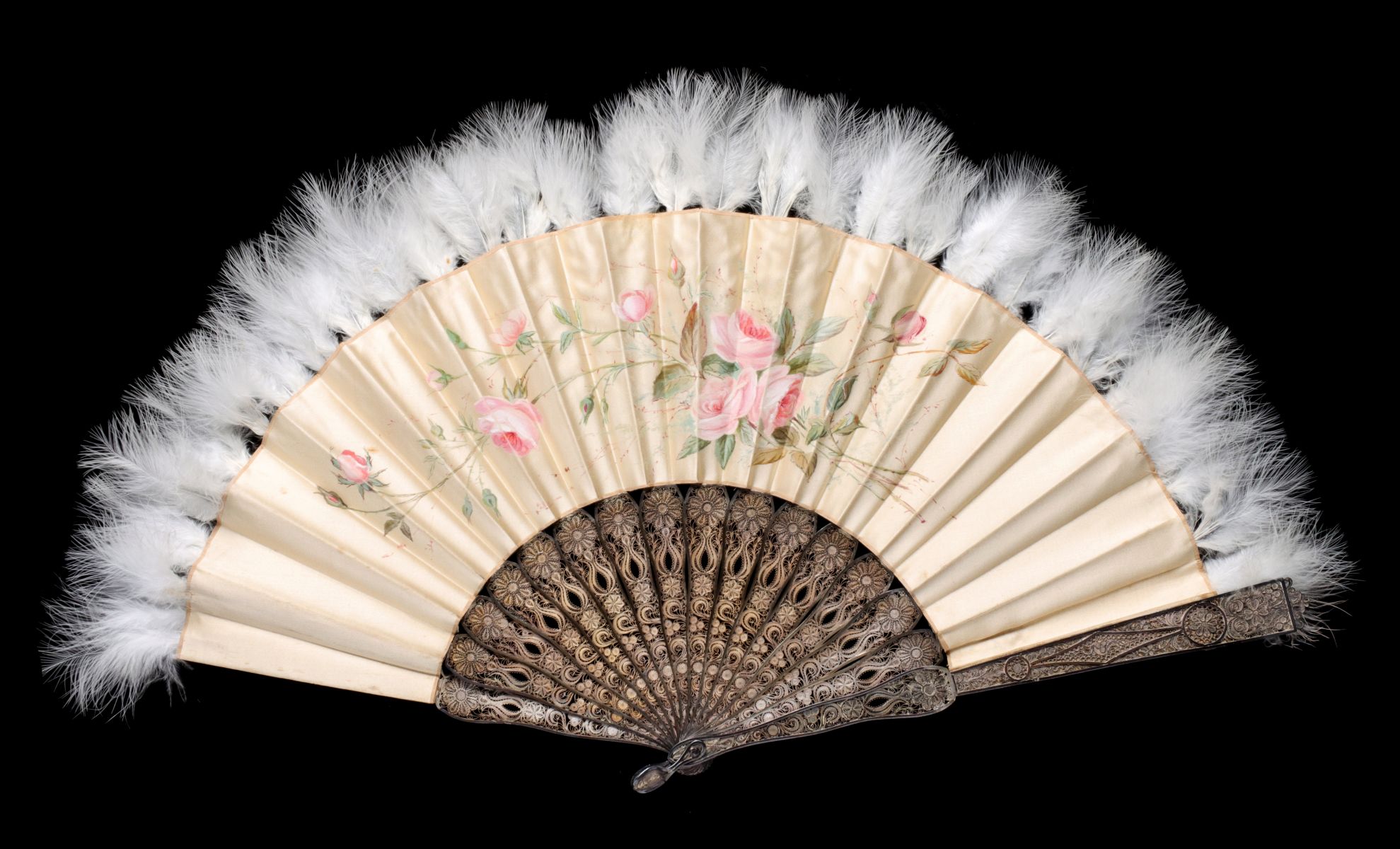 A VERY FINE SILVER FILIGREE AND HAND PAINTED HAND FAN