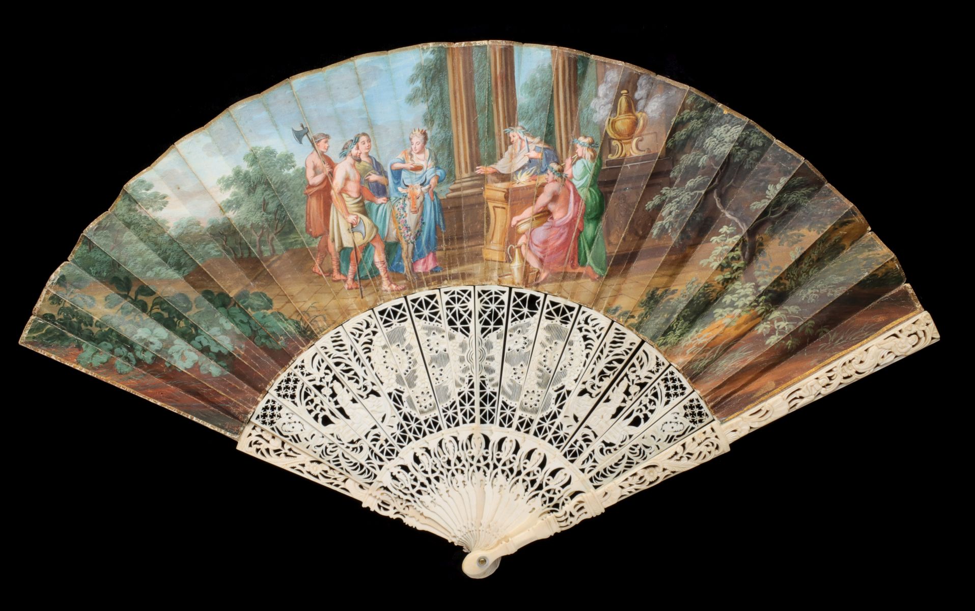 A 19TH CENTURY FAN WITH HAND PAINTED IMAGE OF EUROPA