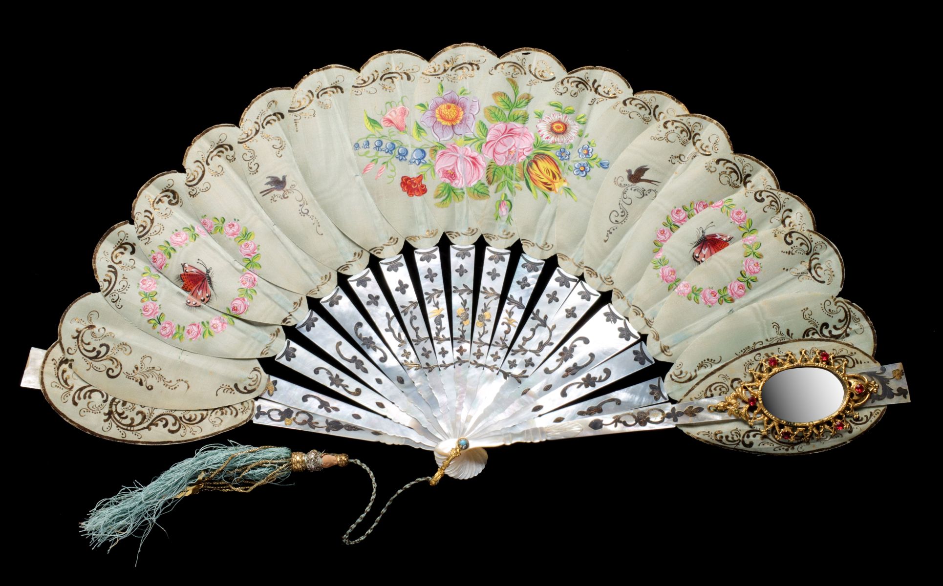 AN ELABORATE 19C. VERMEIL INLAID MOP HAND FAN W/ MIRROR