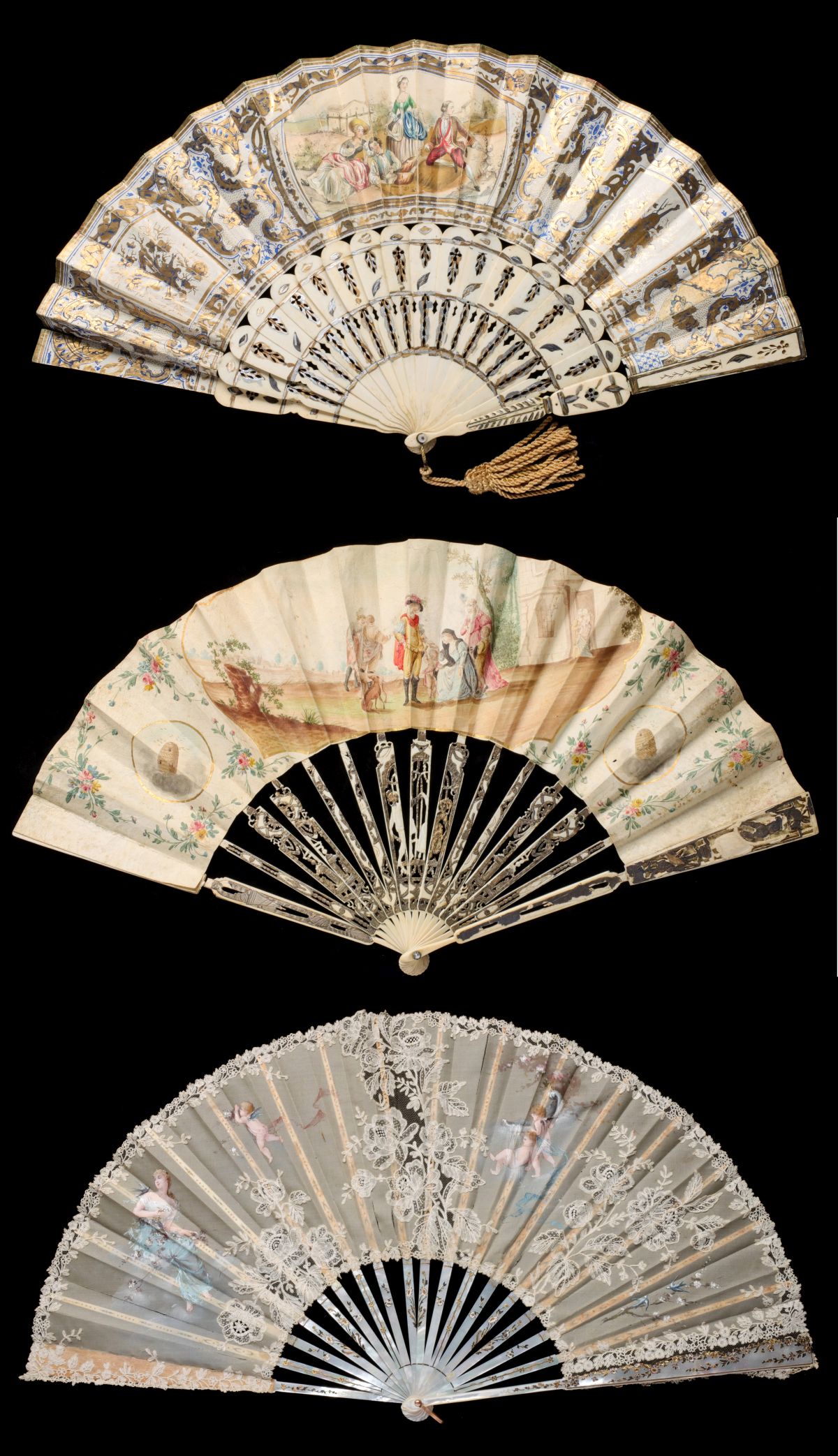 THREE ORNATE 19TH CENTURY CONTINENTAL HAND FANS