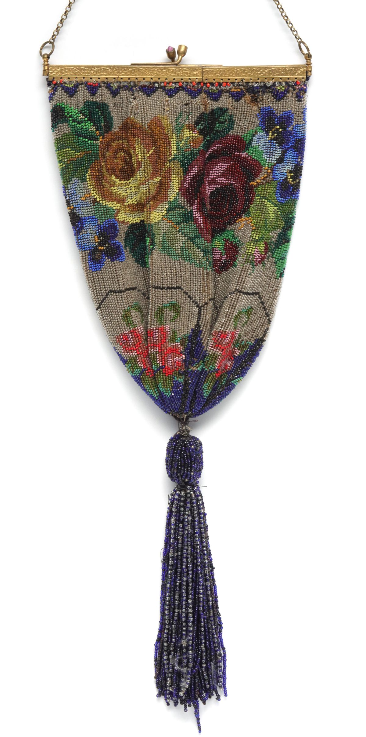 AN ANTIQUE BEADED EVENING BAG WITH FOLDING TOP FRAME