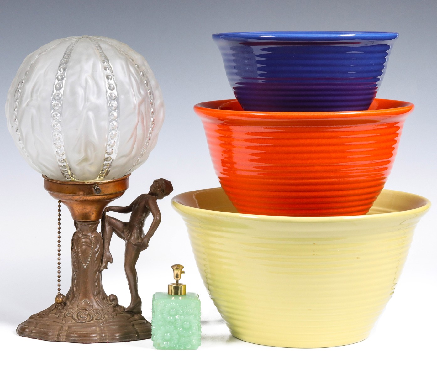 A 1930s ART DECO LIGHT, BAUER MIXING BOWLS, PERFUME