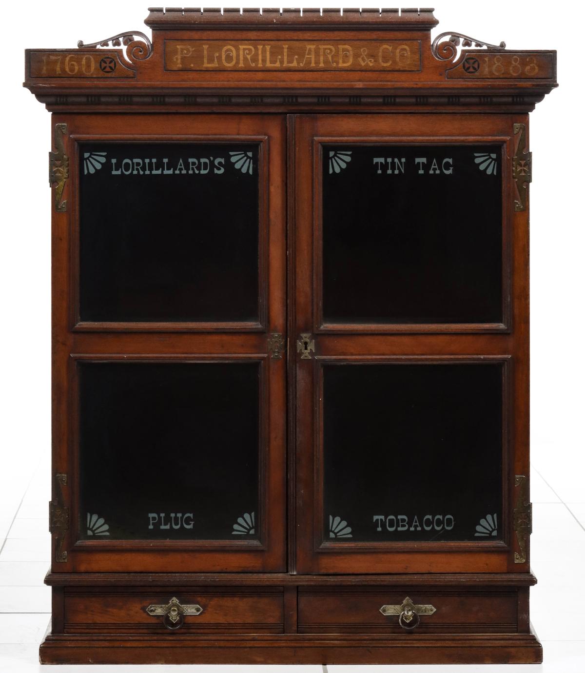 P. LORILLARD & CO INLAID AND ETCHED GLASS CIGAR CABINET