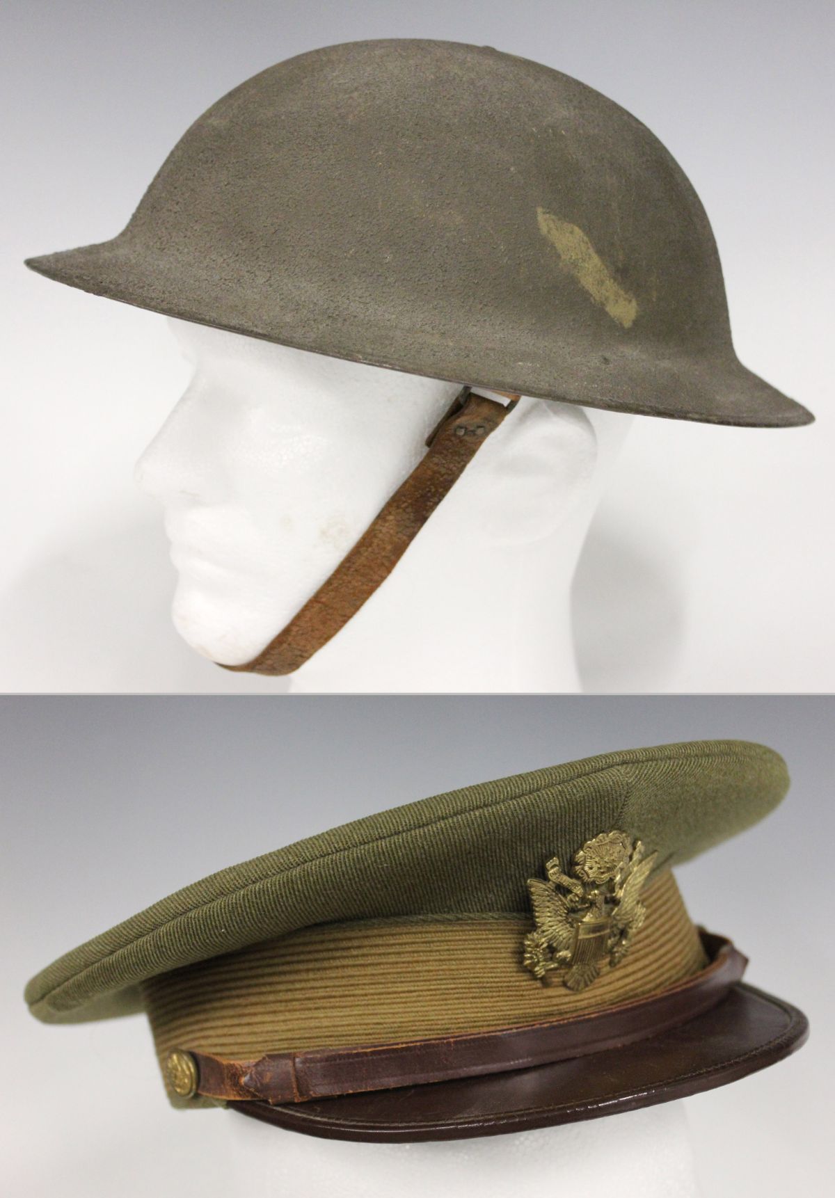 US ARMY WWI HELMET AND OFFICER VISOR CAP