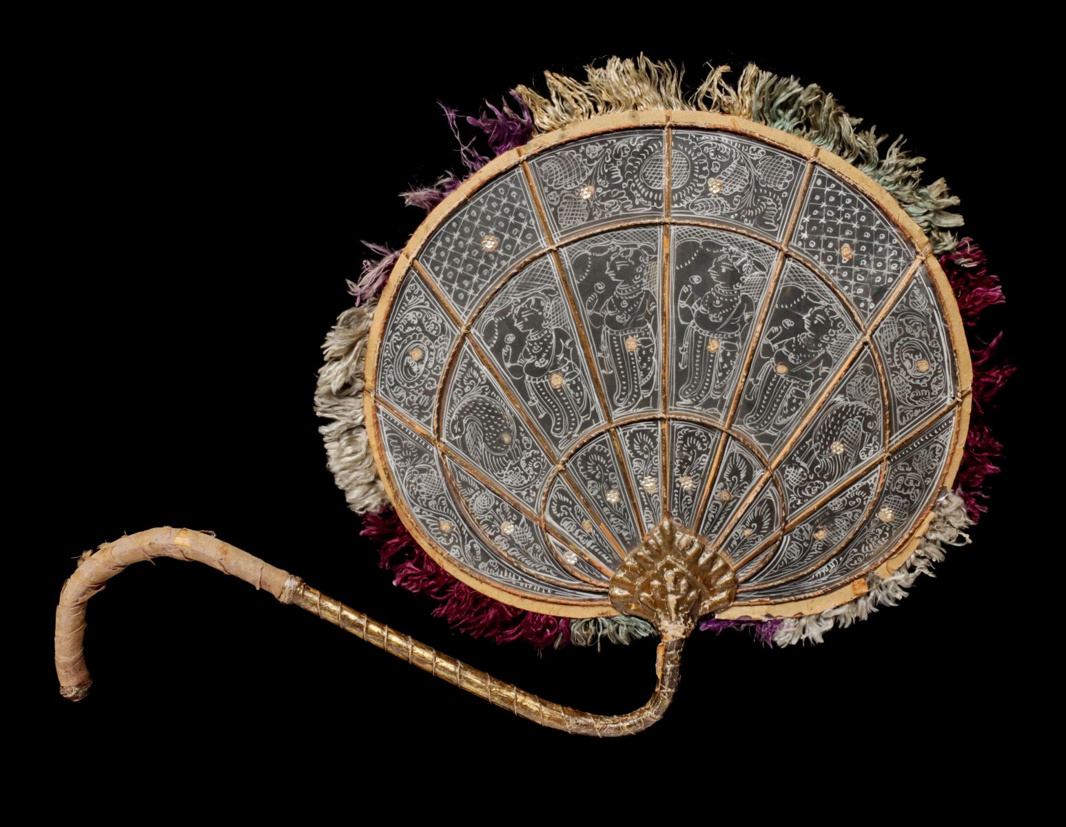 A 19TH CENT INDIA HAND FAN OR SCREEN WITH PAINTED MICA