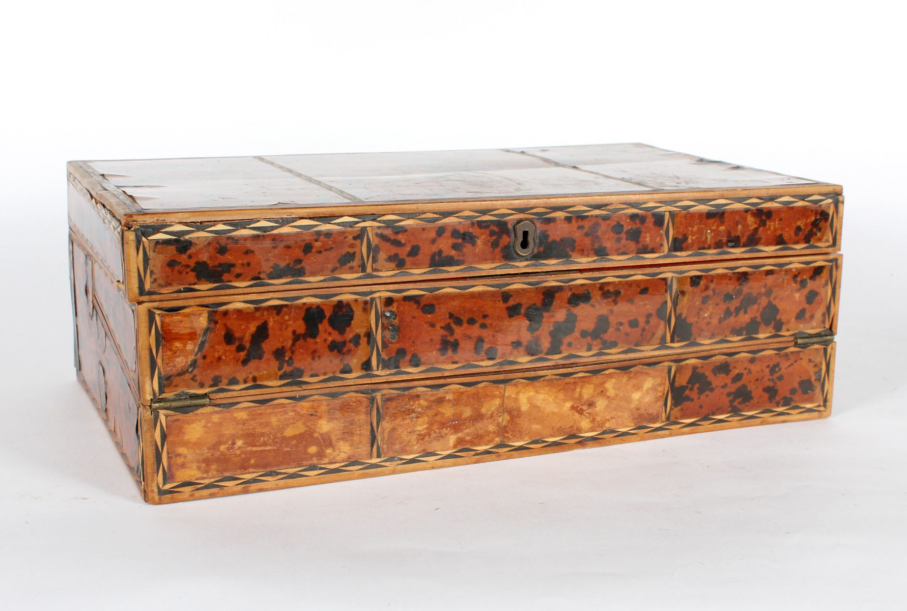 A 19TH CENTURY LAP DESK WITH EXOTIC INLAYS AND VENEER