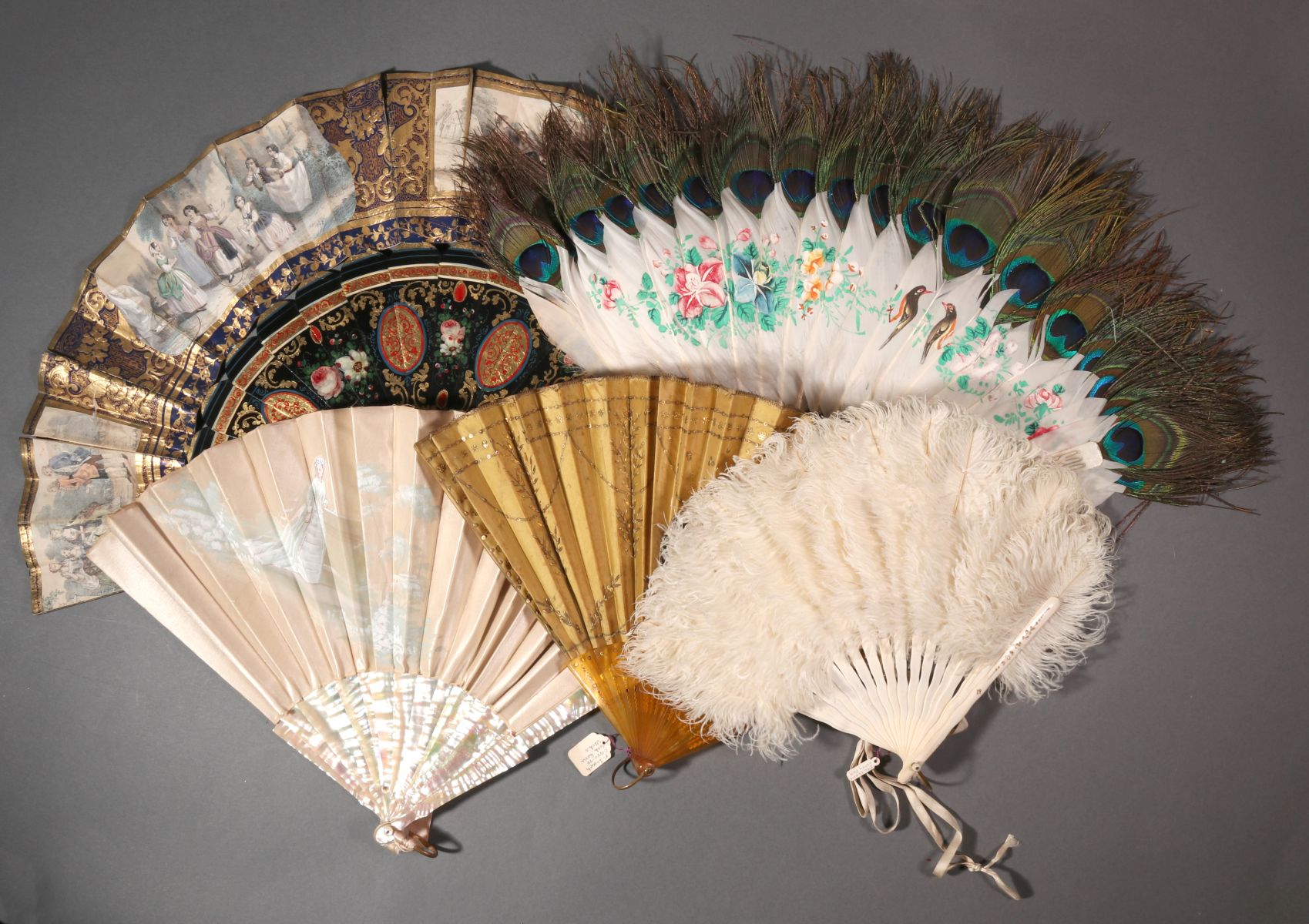 FIVE 19TH CENTURY PAINTED AND OTHER HAND FANS