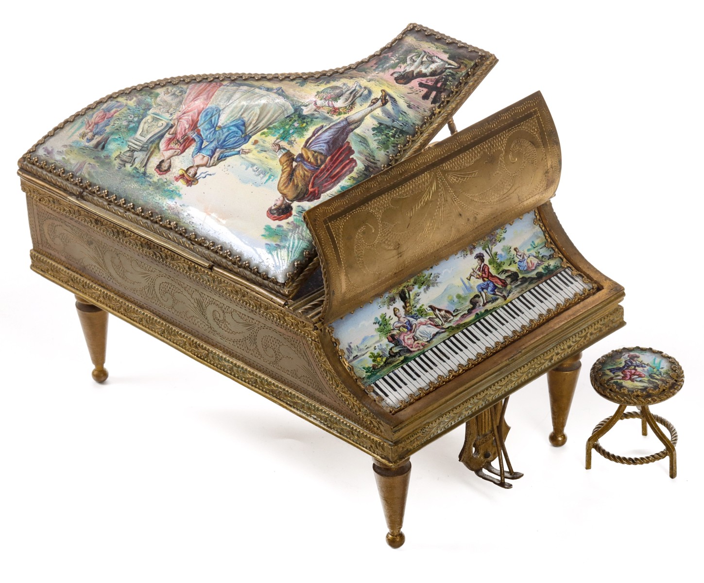 A VIENNESE ENAMEL MUSIC BOX PIANO WITH STOOL