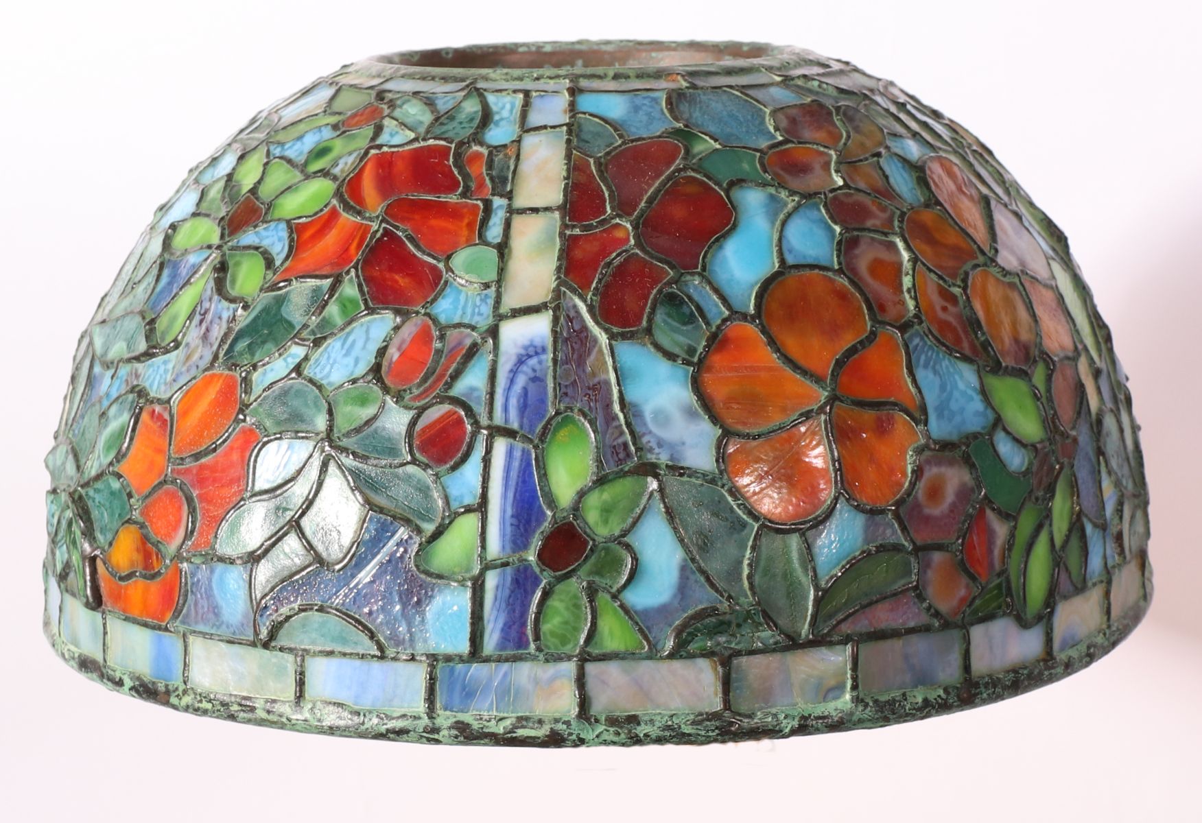 A CONTEMPORARY HAND MADE STAINED AND LEADED GLASS SHADE