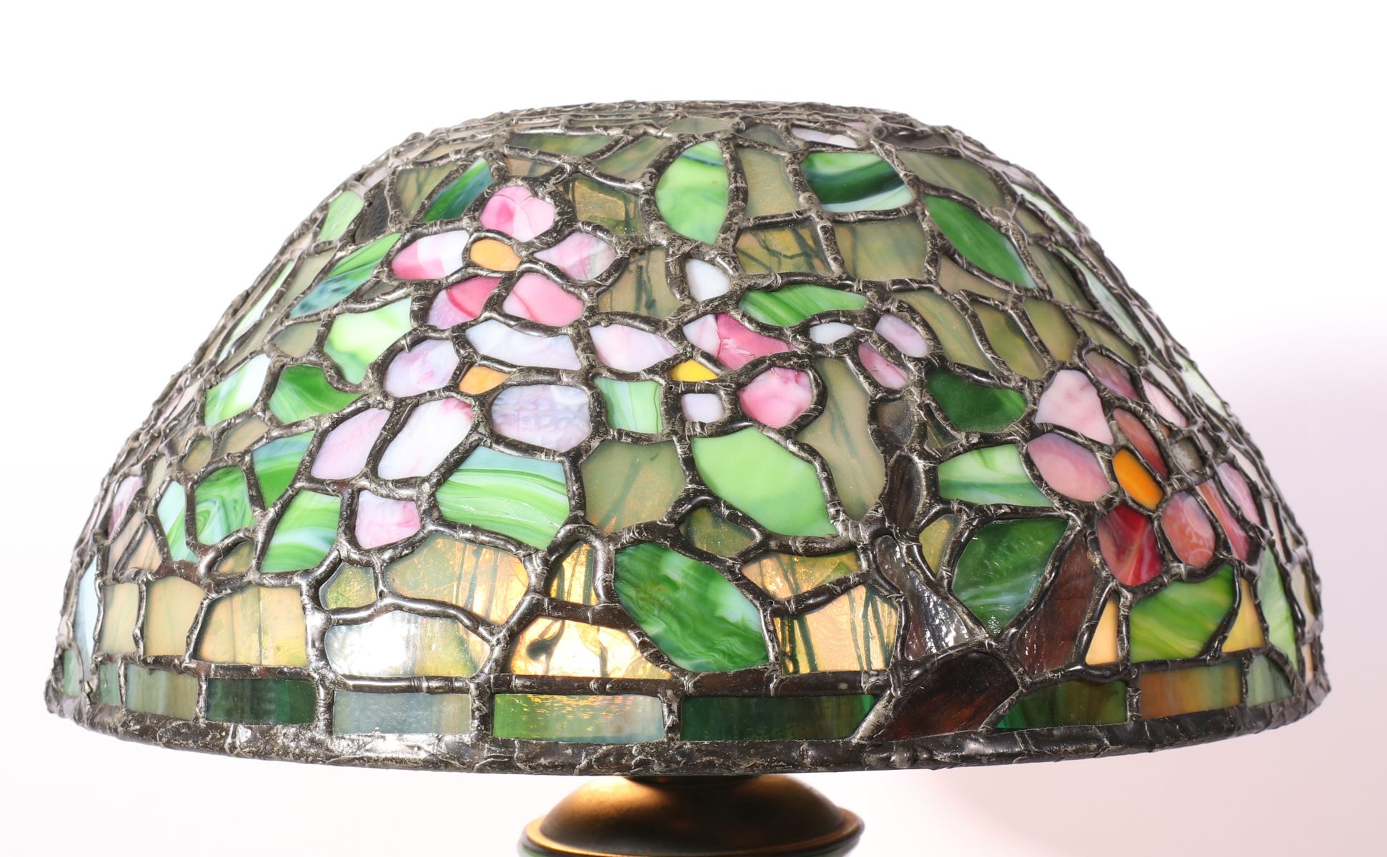 A CONTEMPORARY HAND MADE STAINED AND LEADED GLASS SHADE