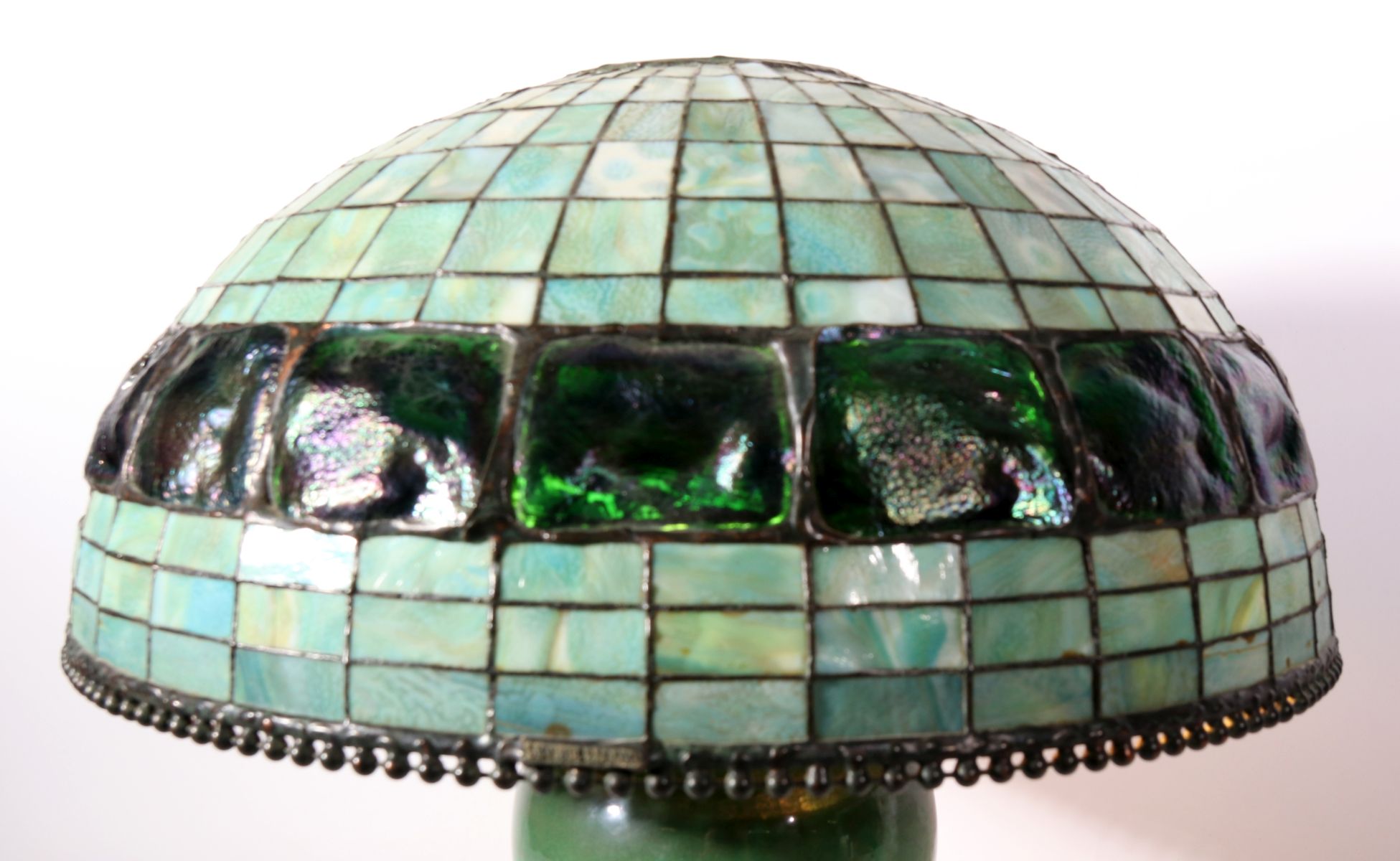 A CONTEMPORARY HAND MADE STAINED AND LEADED GLASS SHADE