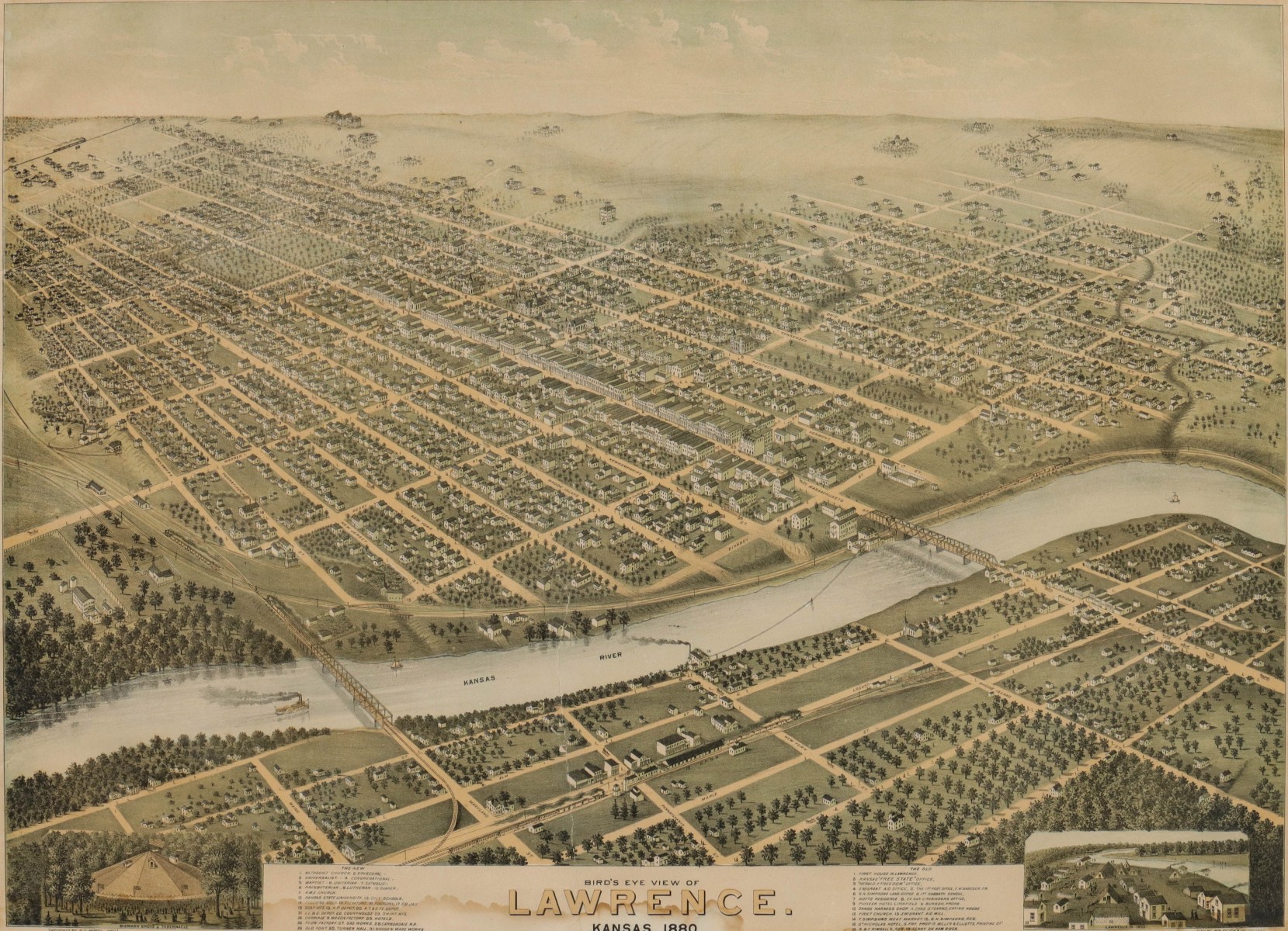 BIRD'S EYE VIEW OF LAWRENCE KANSAS LITHOGRAPH 1880