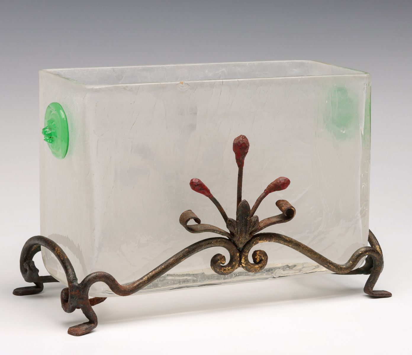 AN UNUSUAL 1920s ART GLASS AND FORGED IRON JARDINIERE