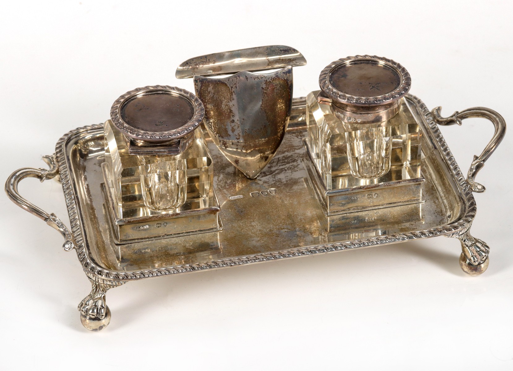 AN 1895 LONDON FOOTED STERLING SILVER DOUBLE INKWELL