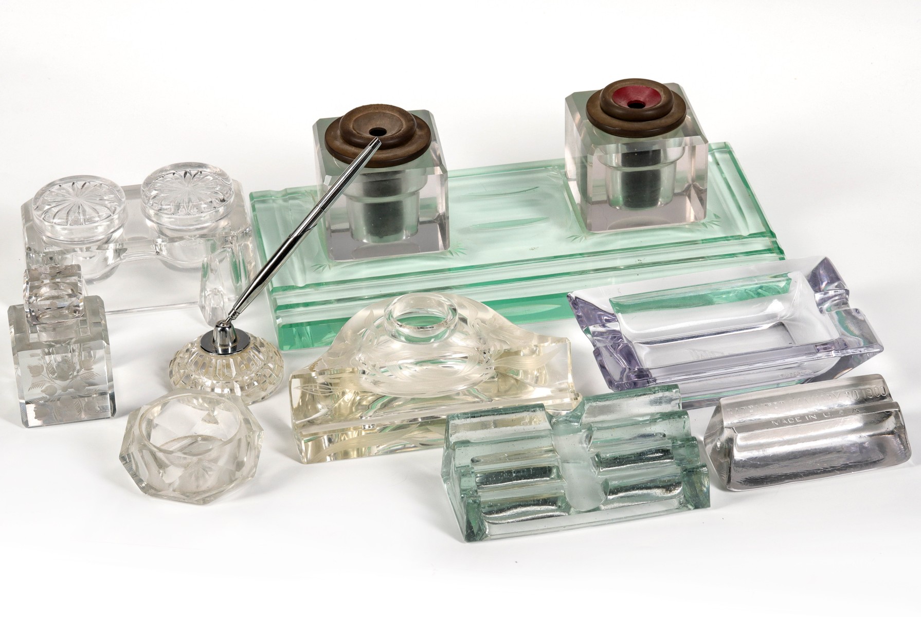 LARGE COLLECTION OF COLORLESS GLASS INK WELLS & STANDS