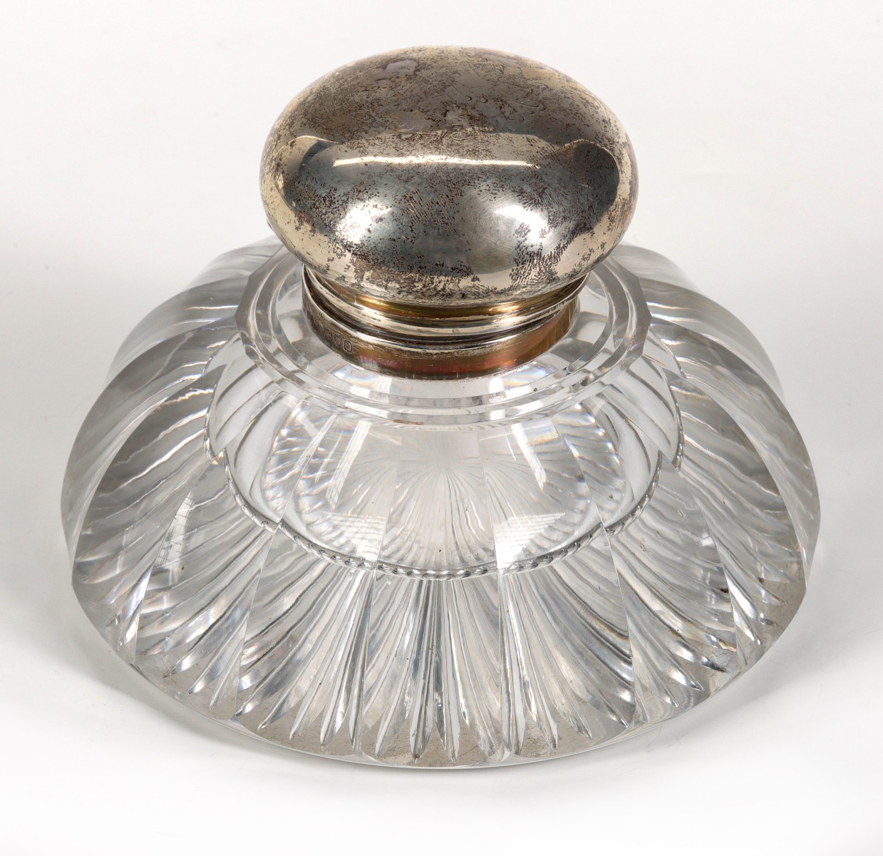 A MASSIVE CUT & POLISHED CRYSTAL INKWELL WITH STERLING