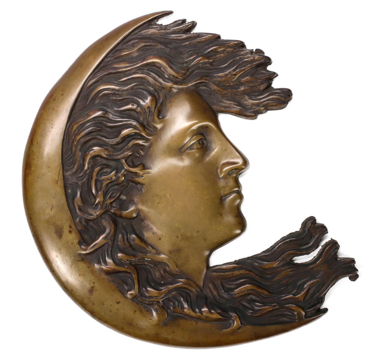 A CIRCA 1890 FIGURAL BRONZE MAIDEN IN MOON PLAQUE