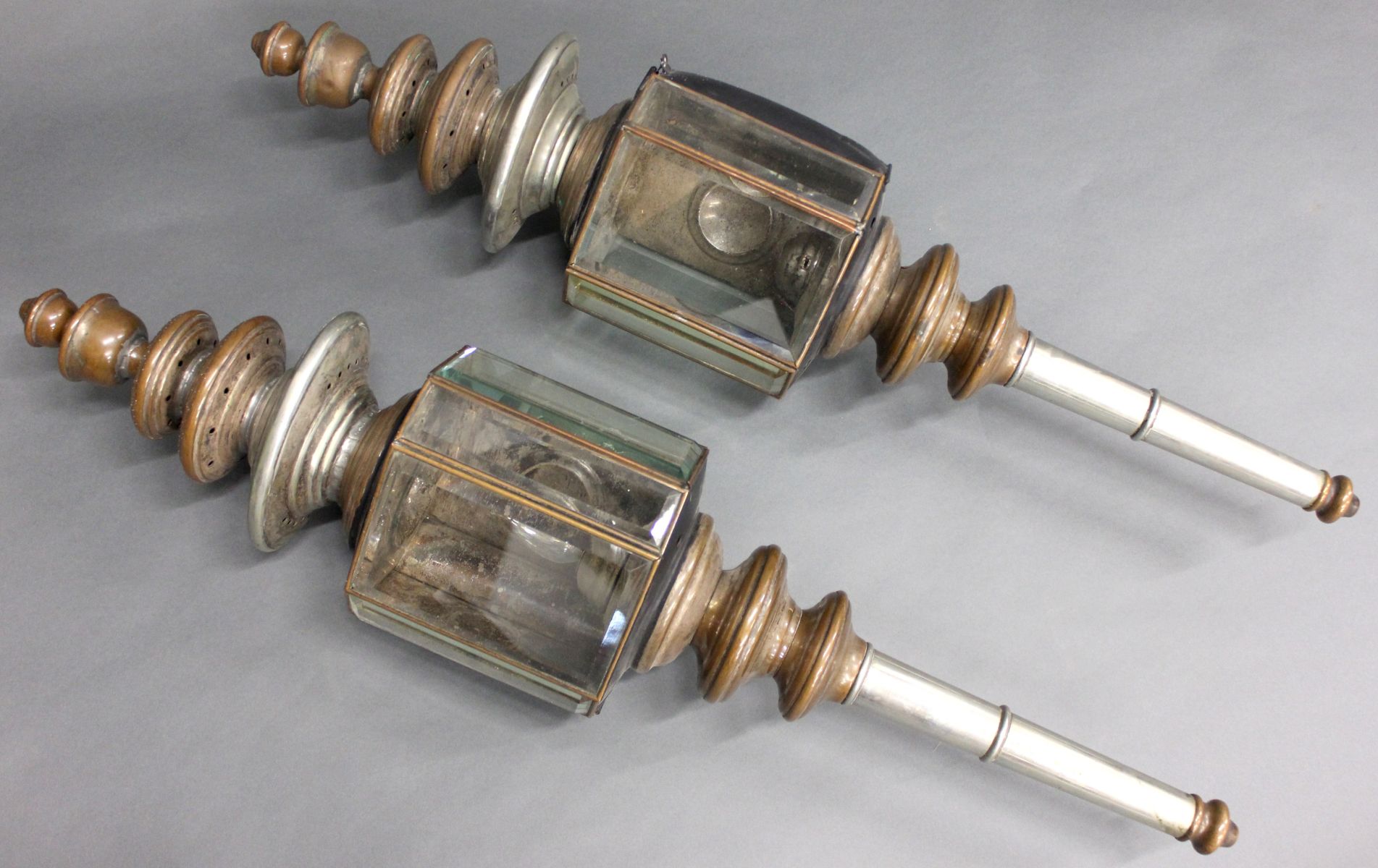 A LARGE 19TH CENTURY SILVER PLATED COACH LAMP PAIR