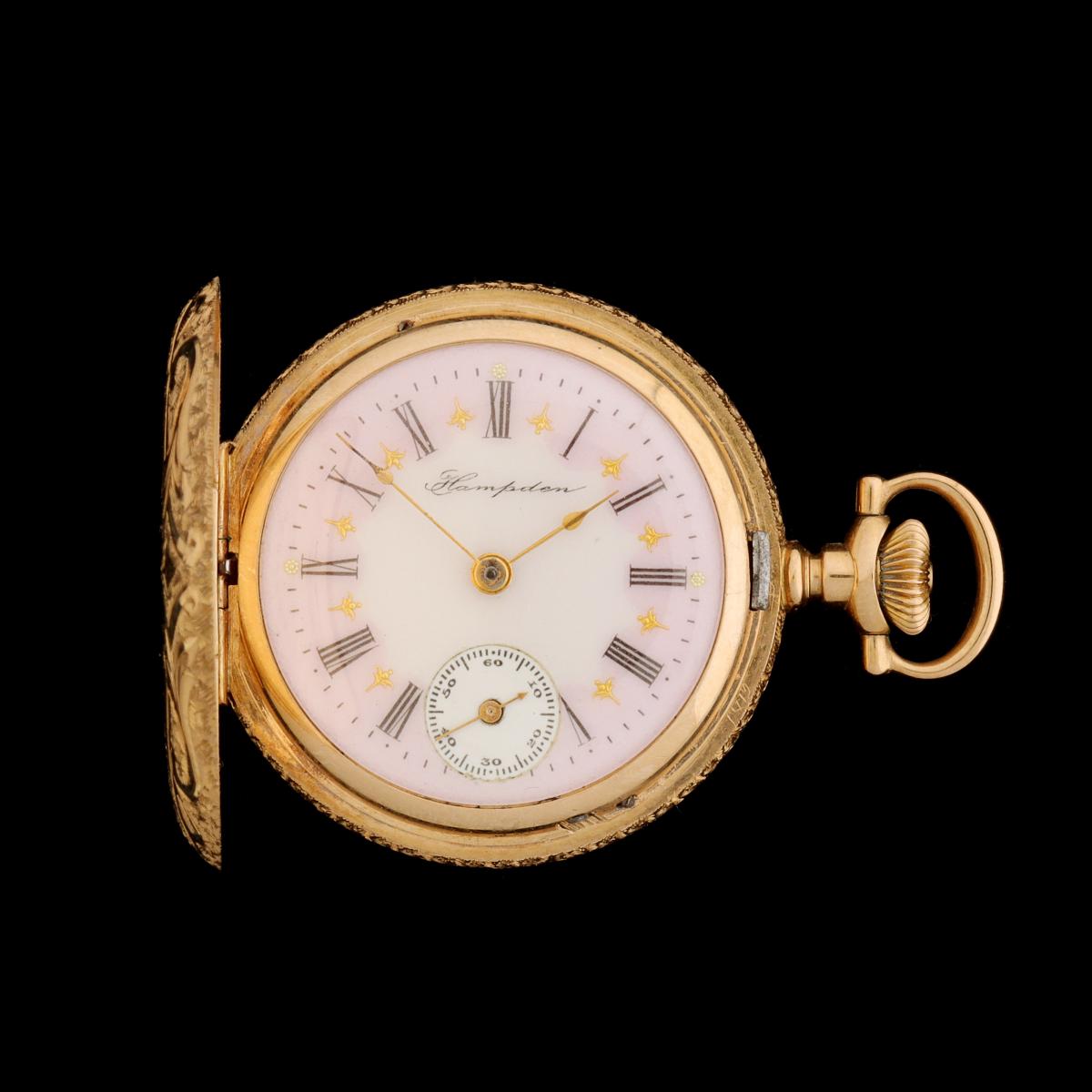 A HAMPDEN 14K GOLD POCKET WATCH WITH O'HARA DIAL