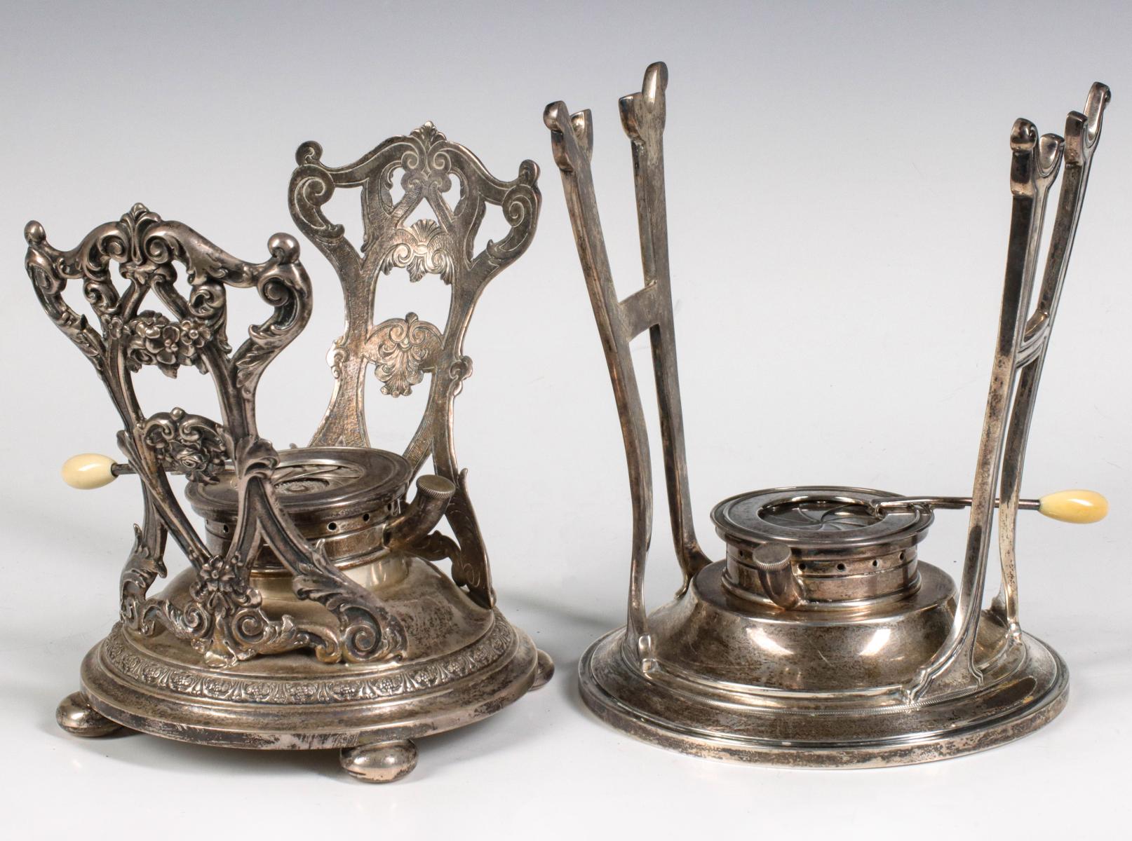 TWO GORHAM STERLING SILVER TIPPING KETTLE STANDS