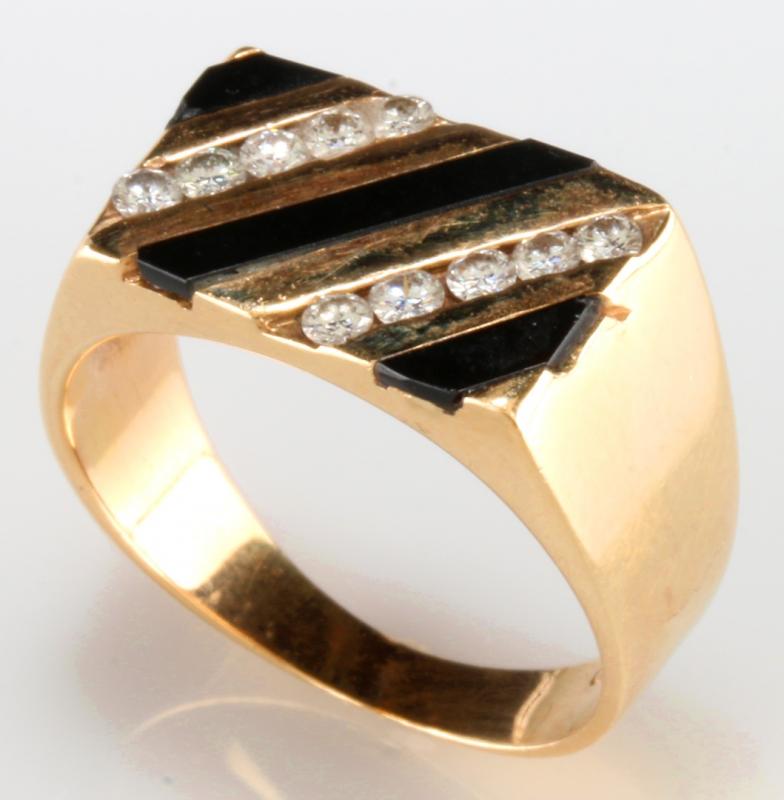 A 14K ONYX AND DIAMOND CONTEMPORARY DESIGN RING