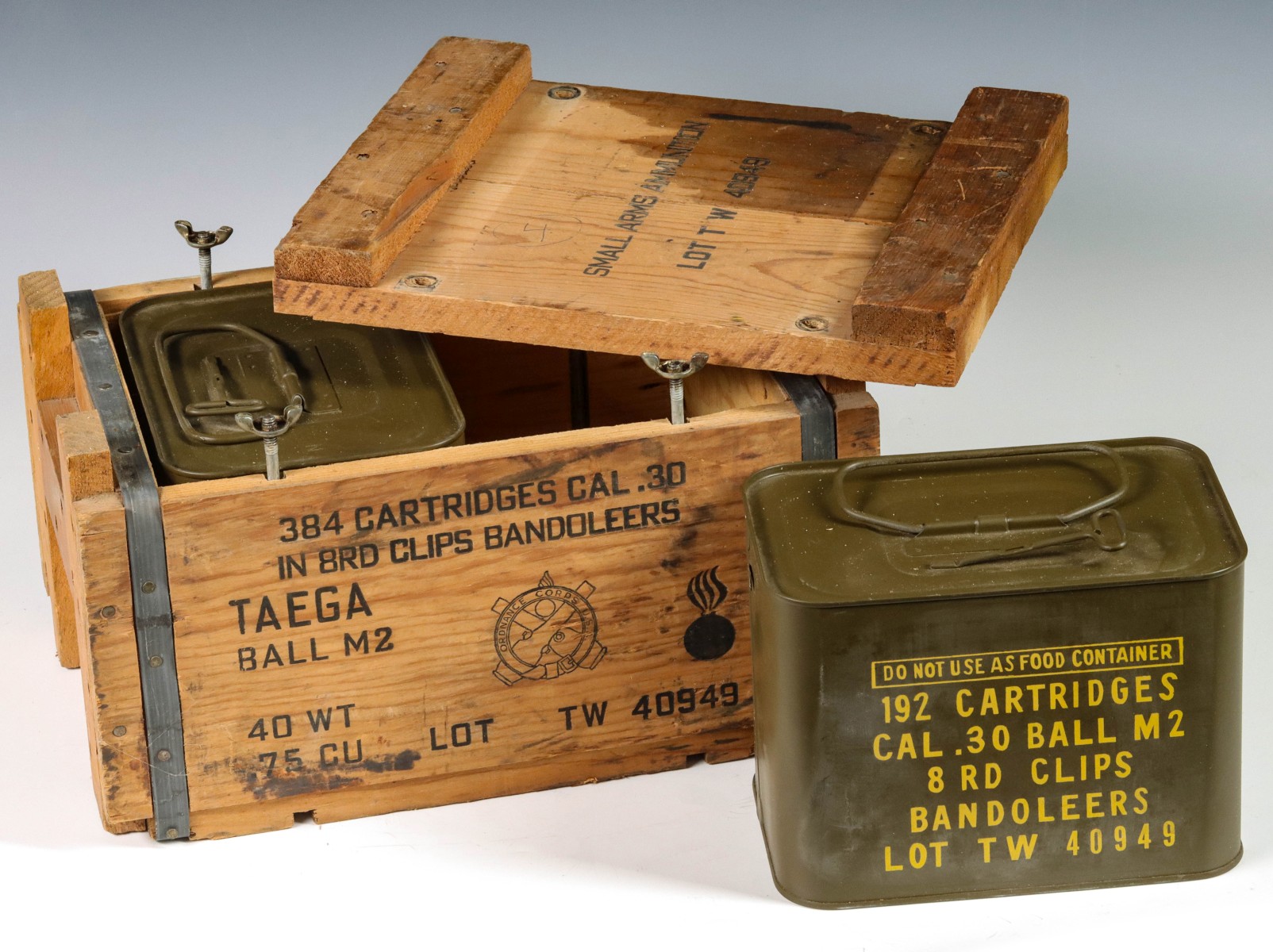 WOOD CRATE OF TWO CAL .30 M2 BANDOLEER SEALED SPAM CANS