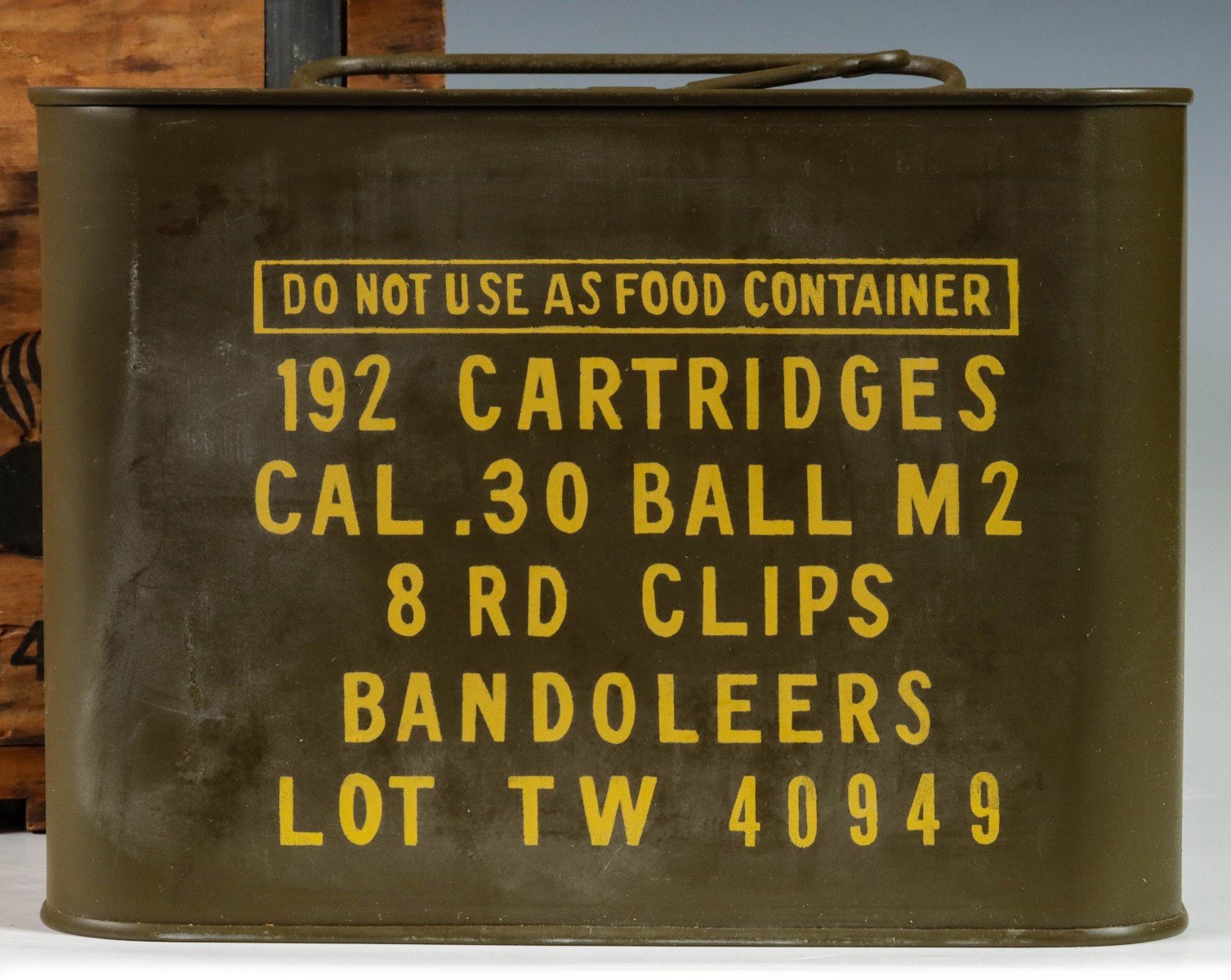 WOOD CRATE OF TWO CAL .30 M2 BANDOLEER SEALED SPAM CANS